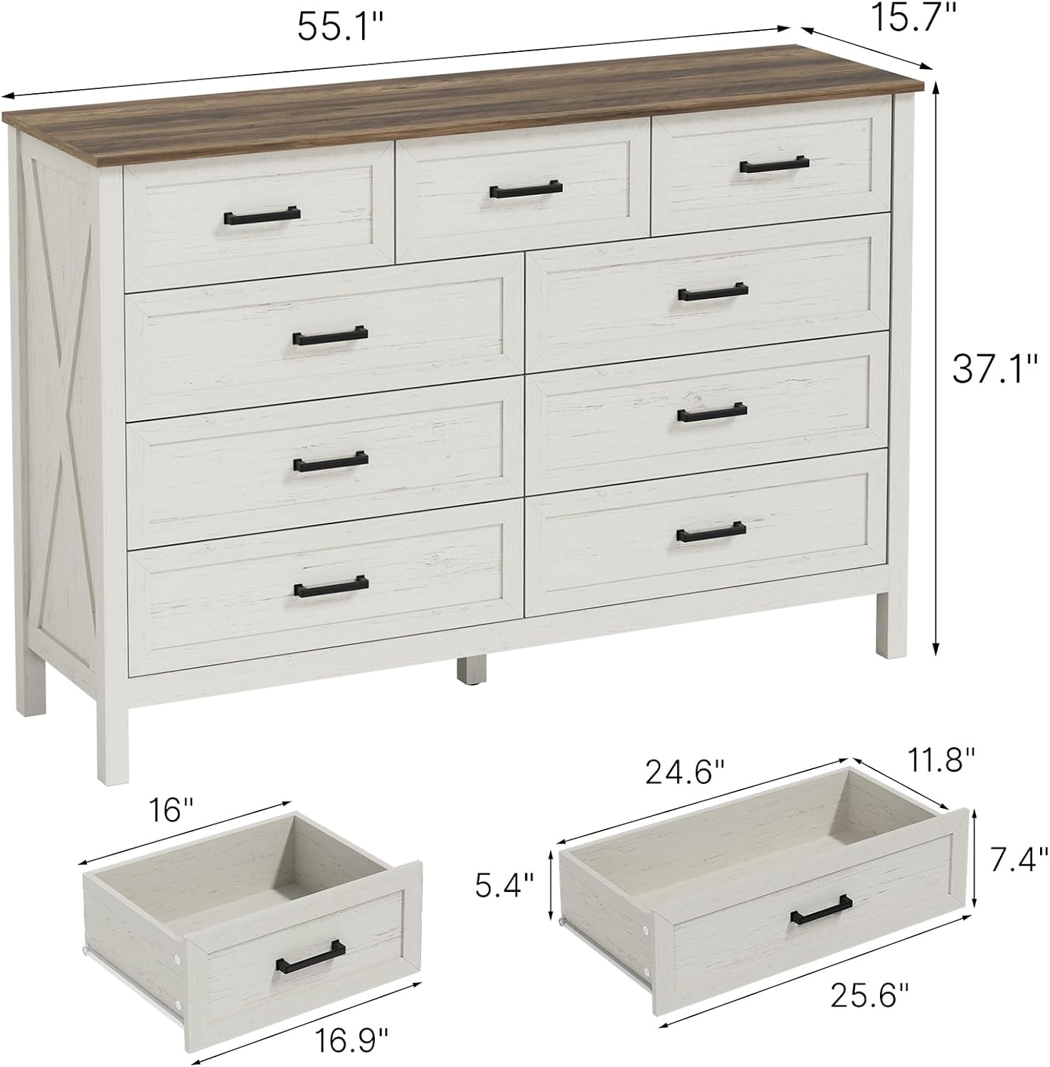 LYNSOM Farmhouse 9 Drawer Dresser for Bedroom, 55 Inch Wide Wood Rustic Chest of Drawers with X-Marking & Bar Handle, Large Storage Dressers Organizer for Bedroom, Living Room, Antique White