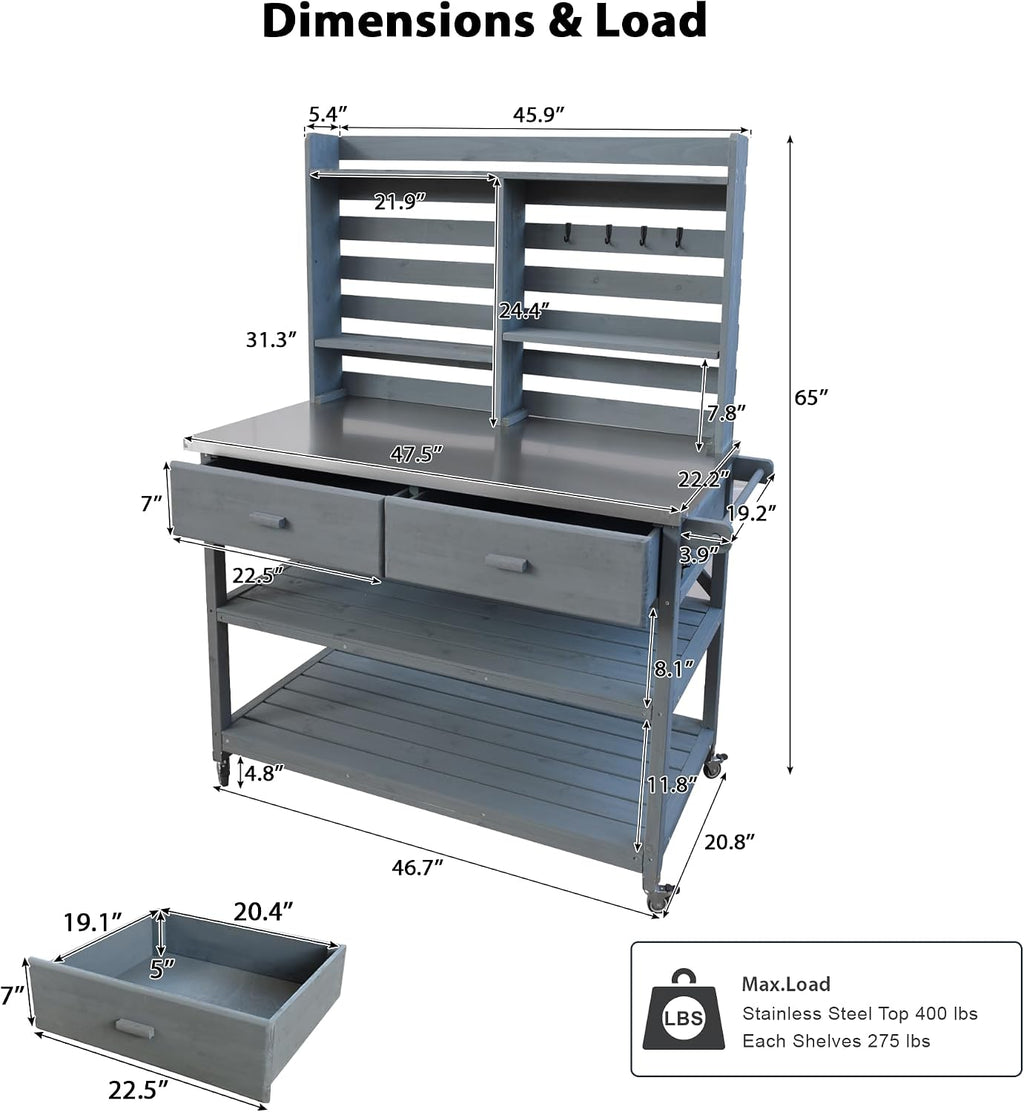 Harper & Bright Designs Outdoor Potting Bench Table, Solid Wood Kitchen Island with Drawer and Shelf, Lawn Garden, 64.9' H, Grey Blue