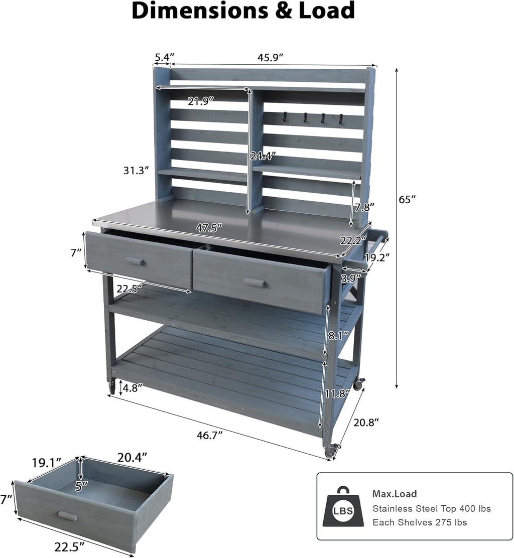 64.9-Inch Height Outdoor Potting Table with Lockable Wheels, Solid Wood Rolling Cart, Storage Hutch & Towel Rack, Spacious Organizer for Patio Gardening, Plant Repotting (Grey+Blue)