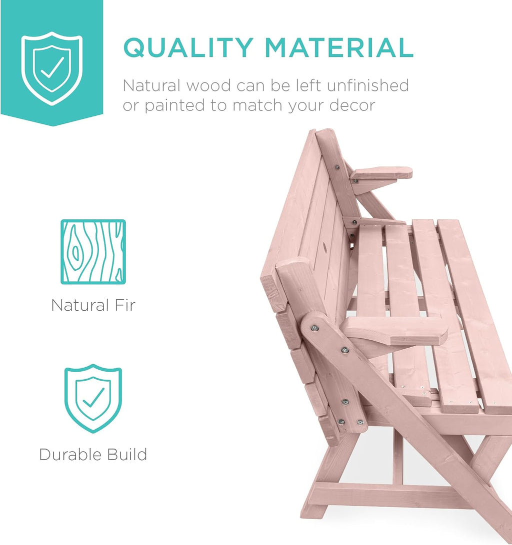 Best Choice Products 2-in-1 Transforming Interchangeable Outdoor Wooden Picnic Table Garden Bench for Backyard, Porch, Patio, Deck w/Umbrella Hole - Pink