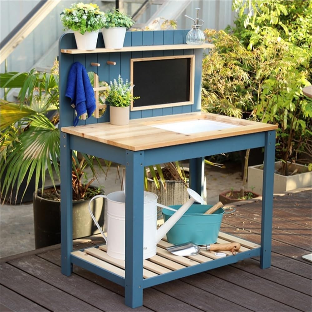 Solid Wood Potting Bench, 2 Tier Potting Table with Sink and Hooks, Outdoor Potting Bench for Garden, Yard, Balcony, Garden Table with Storage, Gardening Bench with Blackboard(Gray)