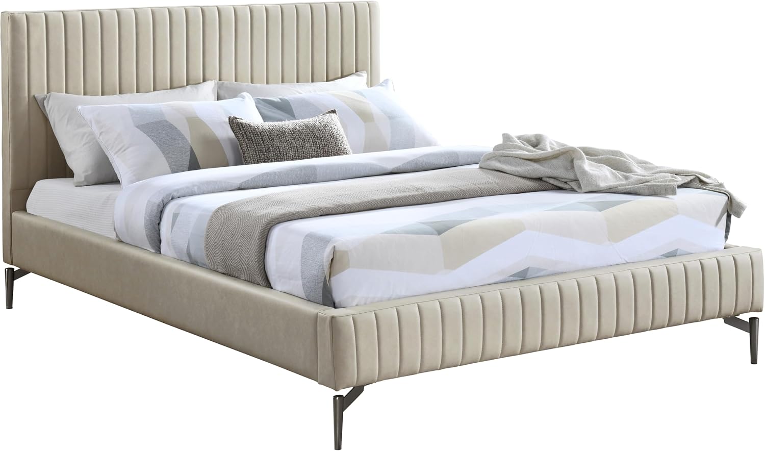Meridian Furniture GalloBeige-F Gallo Collection Modern | Contemporary Full Bed with Soft Beige Vegan Leather, Deep Channel Tufting and Black Metal Legs, 60' W x 84.5' D x 43.5' H, Beige, Full