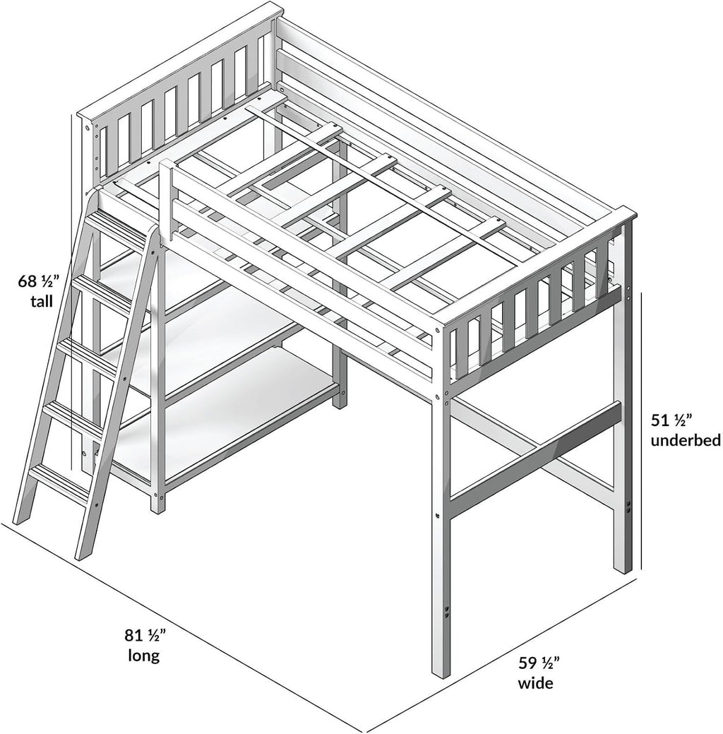 Max & Lily High Loft Bed, Twin Bed Frame For Kids With Bookcase, Clay