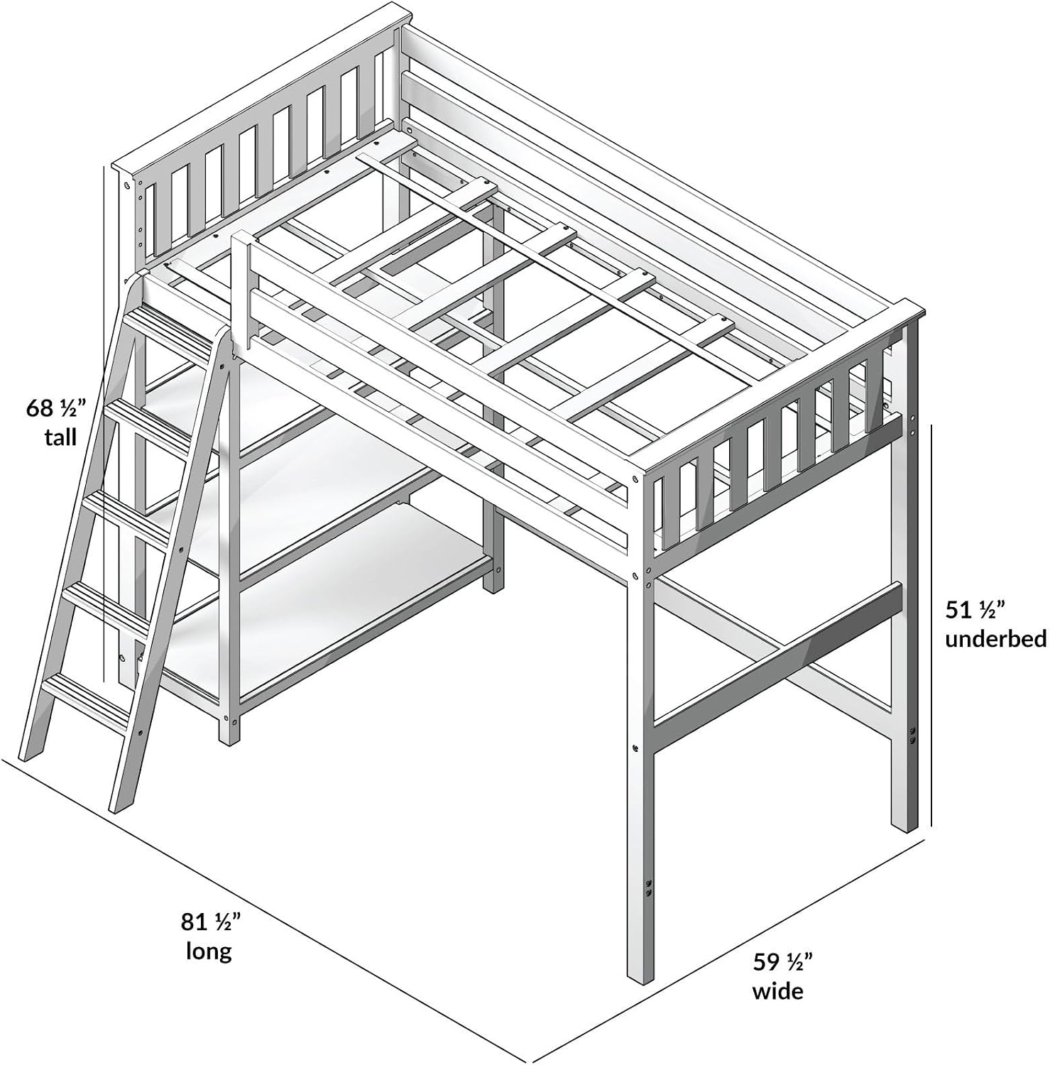 Max & Lily High Loft Bed, Twin Bed Frame For Kids With Bookcase, Clay