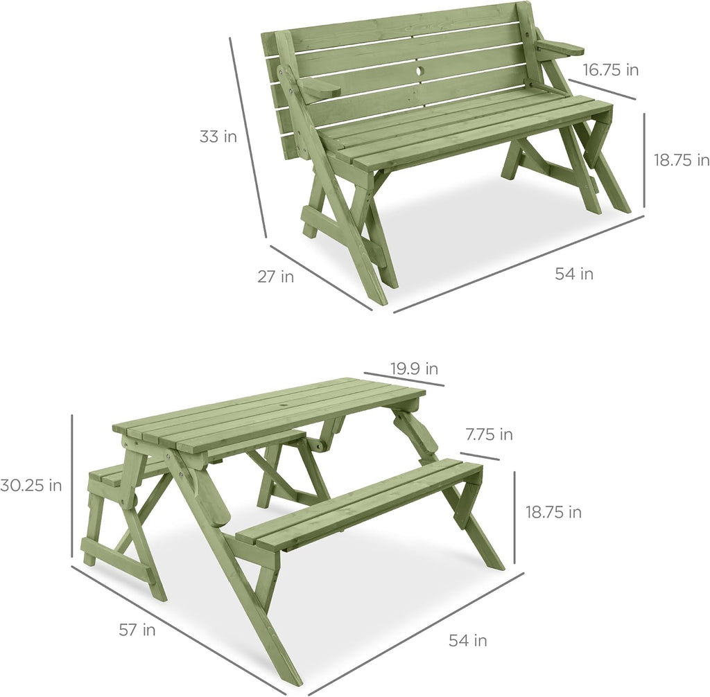 Best Choice Products 2-in-1 Transforming Interchangeable Outdoor Wooden Picnic Table Garden Bench for Backyard, Porch, Patio, Deck w/Umbrella Hole - Sage Green