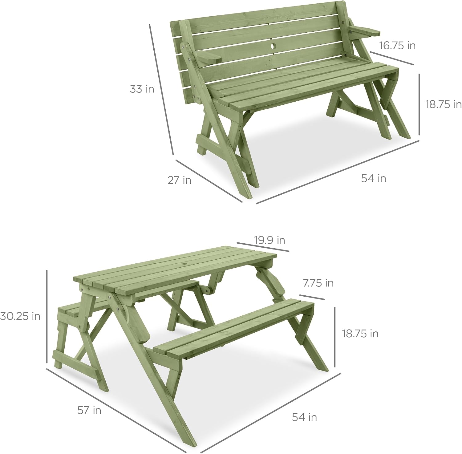Best Choice Products 2-in-1 Transforming Interchangeable Outdoor Wooden Picnic Table Garden Bench for Backyard, Porch, Patio, Deck w/Umbrella Hole - Sage Green