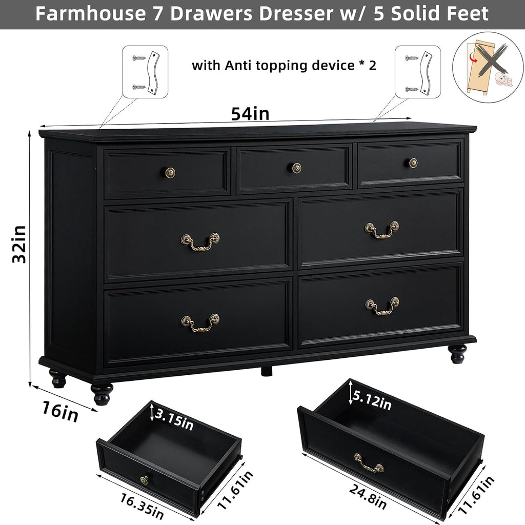 Joaxswe Farmhouse Furniture Set, Nightstands Set of 2 and 7 Drawers Dresser for Bedroom, 54 Inch Wide Wood Dresser and 24' Night Stands with Charging Station for Bedroom, Living Room, Hallway