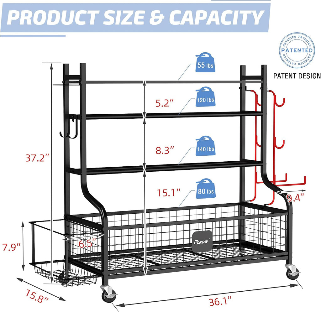 PLKOW Dumbbell Rack, Weight Rack for Dumbbells, Home Gym Storage for Dumbbells Kettlebells Yoga Mat and Balls, All in One Workout Storage with Wheels and Hooks, Powder Coated Finish Steel