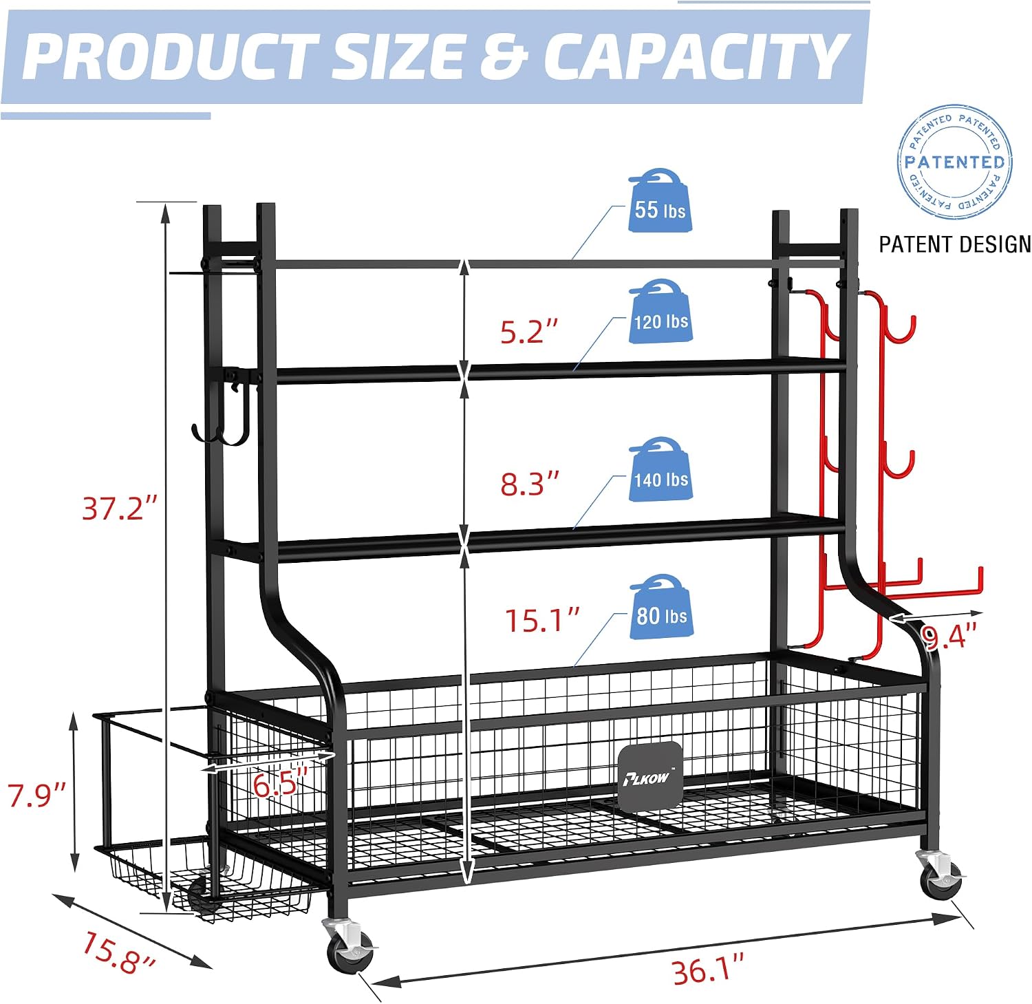 PLKOW Dumbbell Rack, Weight Rack for Dumbbells, Home Gym Storage for Dumbbells Kettlebells Yoga Mat and Balls, All in One Workout Storage with Wheels and Hooks, Powder Coated Finish Steel