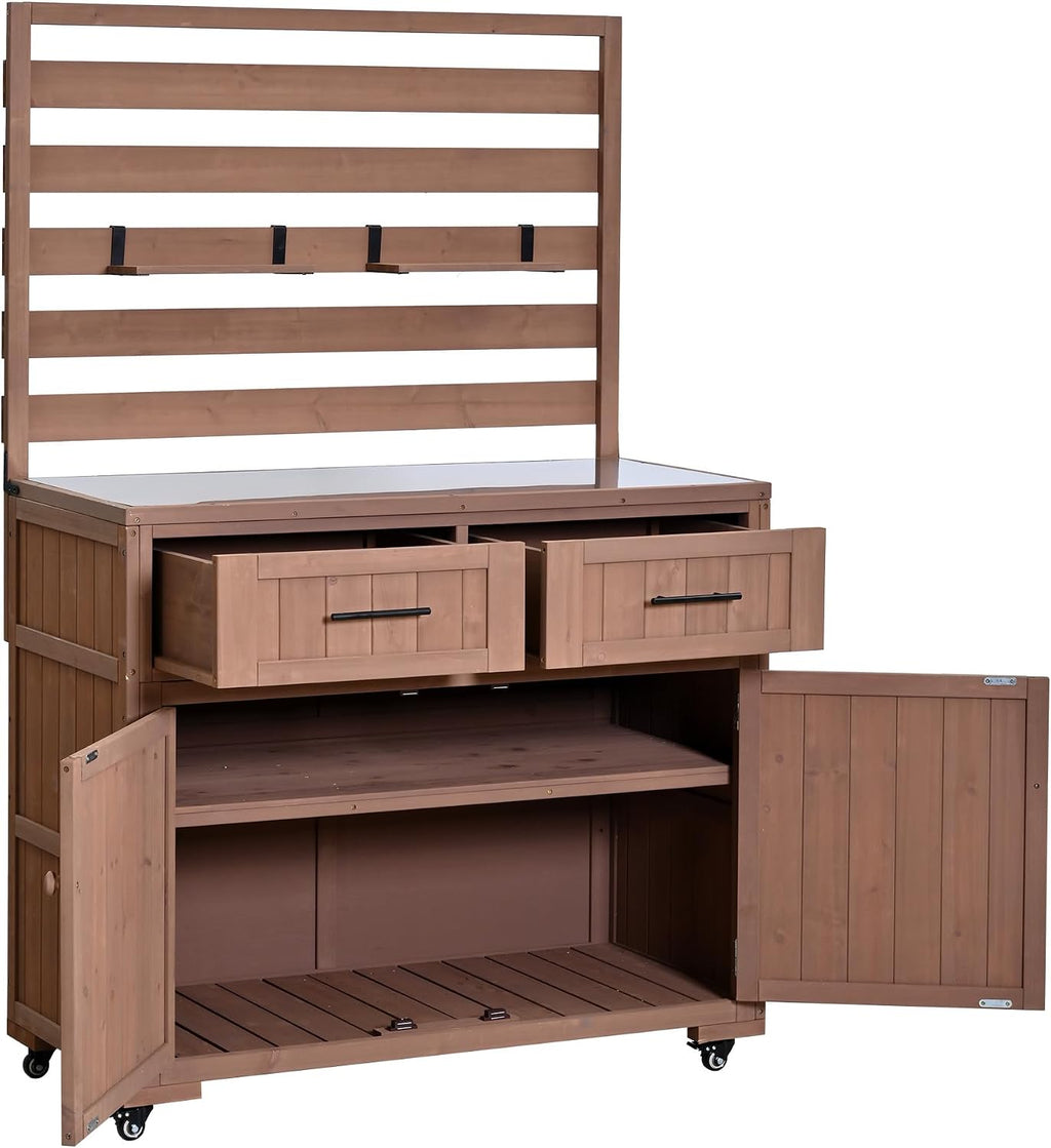 Garden Potting Bench with Movable Shelves and 2 Drawers, Large Rolling Garden Workstation with Stainless Table Top for Mudroom, Doorway (Brown)