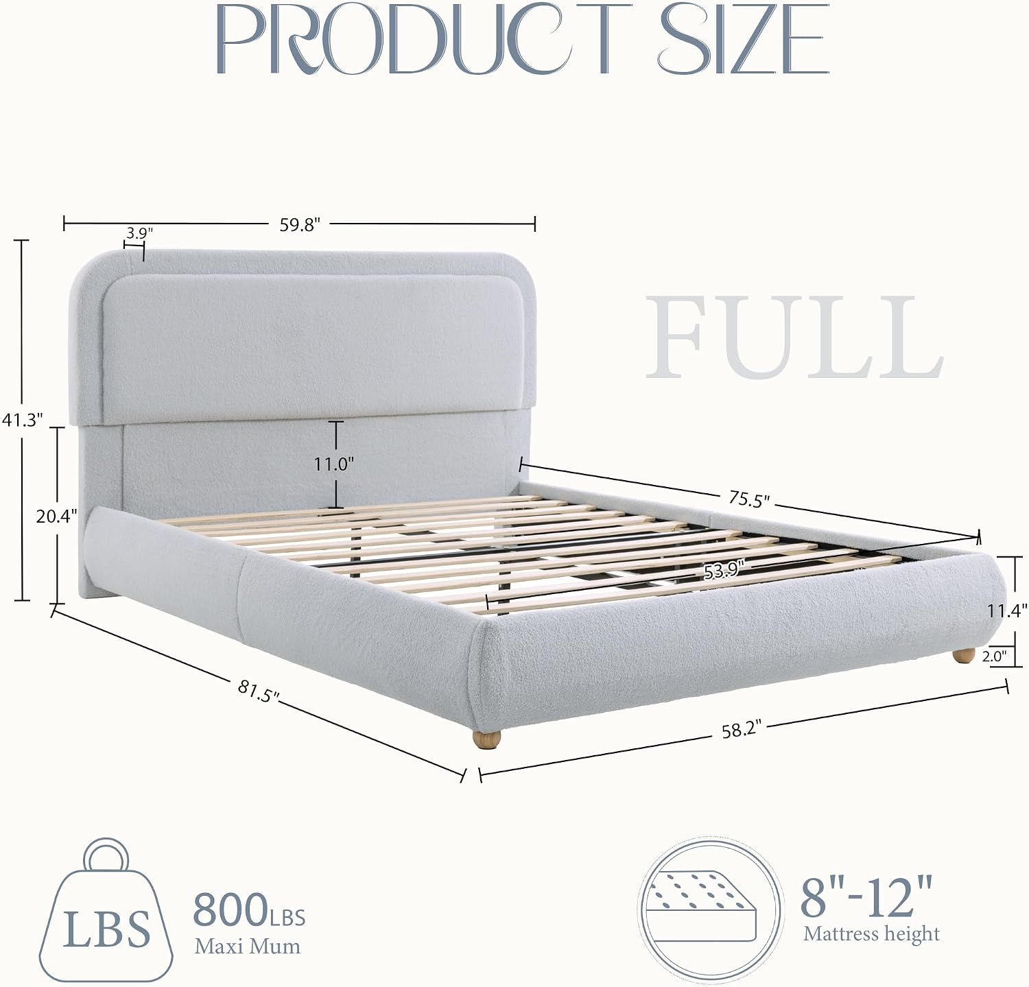 Yechen Boucle Cloud Full Bed Frame with Round Corner Headboard, Upholstered Soft Creamy Bedframe with Solid Wood Legs, Boho Fluffy Bed with Wooden Slats, Easy Assembly, No Box Spring Needed, Grey