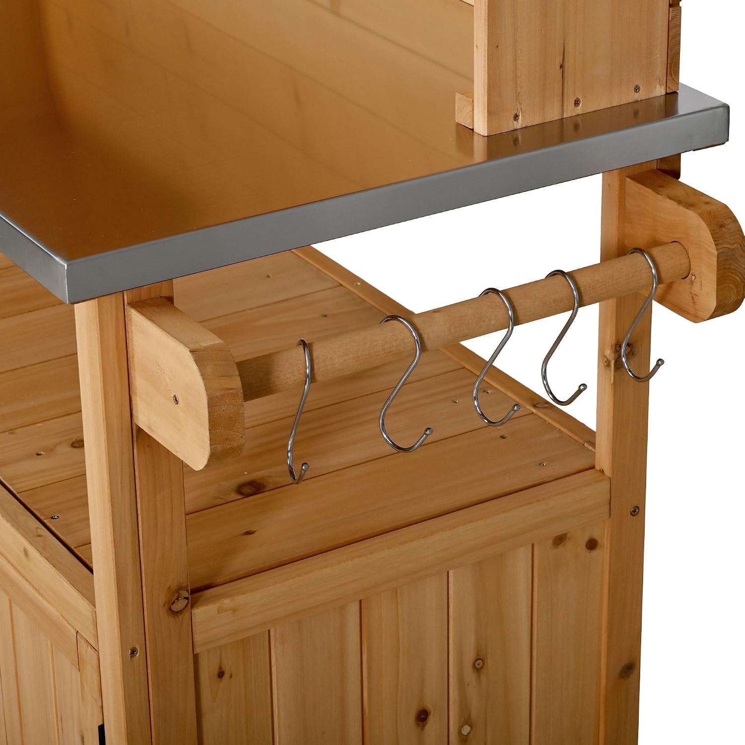 Potting Benches for Outside with Stainless Steel Top, 65''H Fir Wood Potting Bench with Storage, Outdoor Gardening Table (Natural)