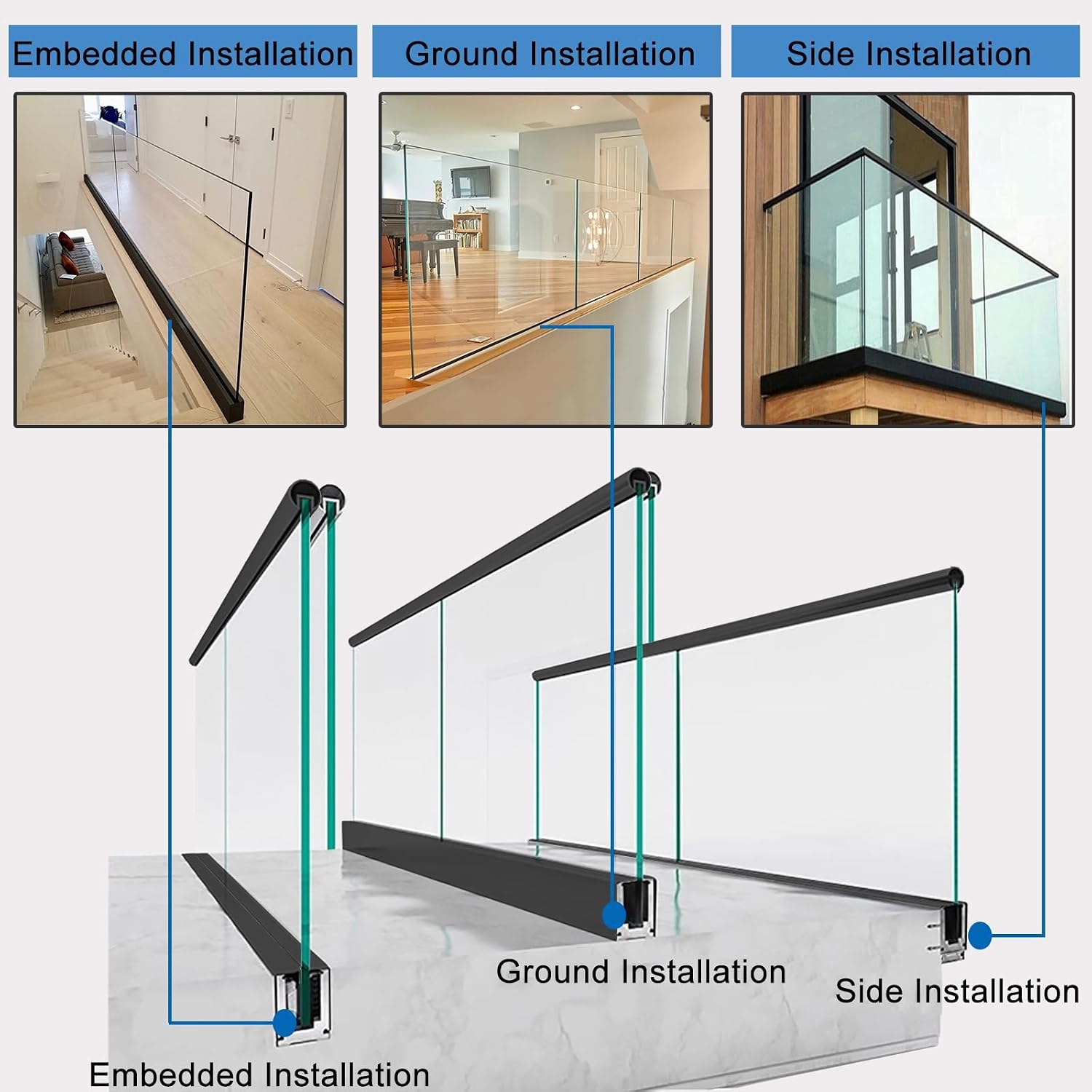 Black Glass Shelf Clamp for 12-20 mm Glass, Glass Railing Base Rail Channel for Deck Hallway Fence, 100-300 cm Long Square Glass Balustrade Post Clamps(L 100 cm/39 in/3.3 ft)