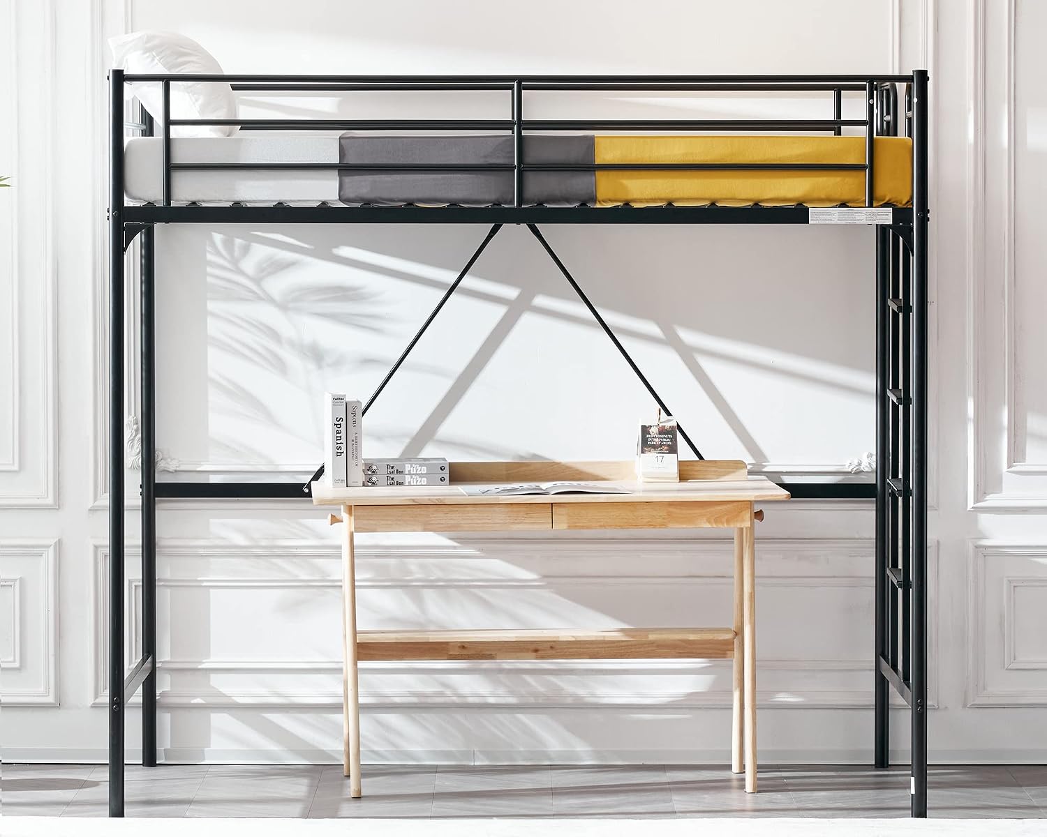 VINGLI 71 Inches Tall Loft Bed Twin Size with Flat Ladder Rung for Kids Teens Adults Heavy Duty Metal Single Bunk Bed Loft with Safety Guard Rails for Small Space, Black