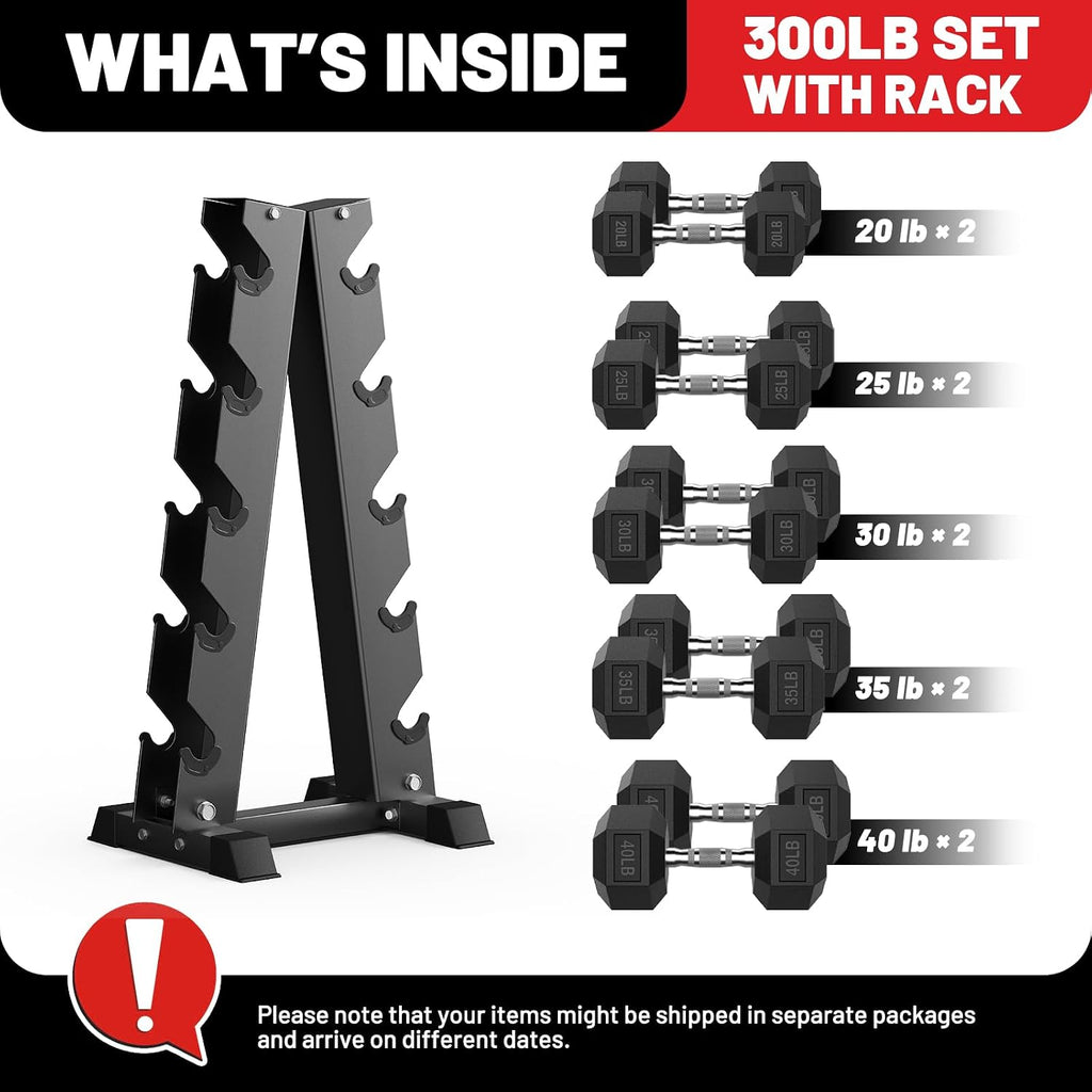 PAPABABE Hex Dumbbell Sets with Rack, 100-600lb Rubber Coated Dumbbell Weight Set and Storage Rack, Multiple Options Hand Weights for Strength Training