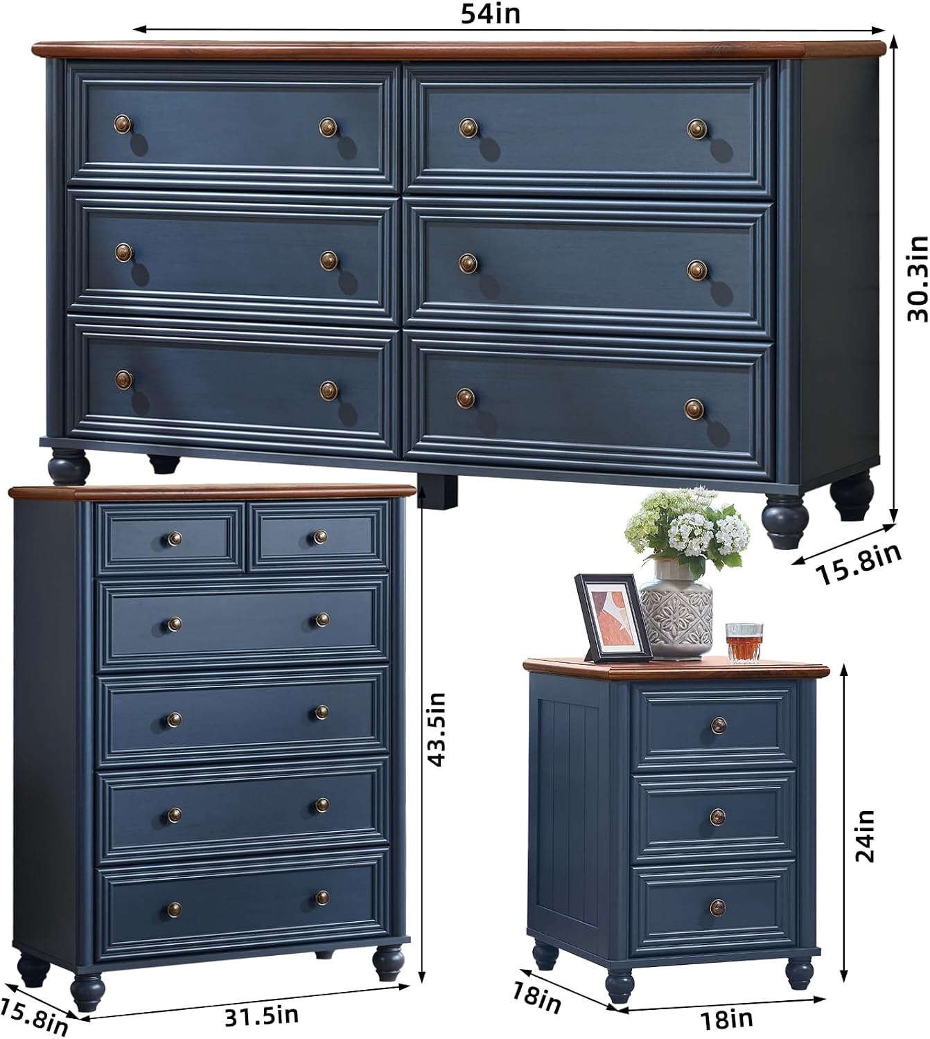 Farmhouse Dressers & Night Stand Set of 3, Wood 54' Wide Dresser & 43.5'Tall Chest of Drawers, 18' Roman Column Nightstand, Bedroom Furniture 6 Drawer Dresser Set for Bedroom Home Living Room Hallway