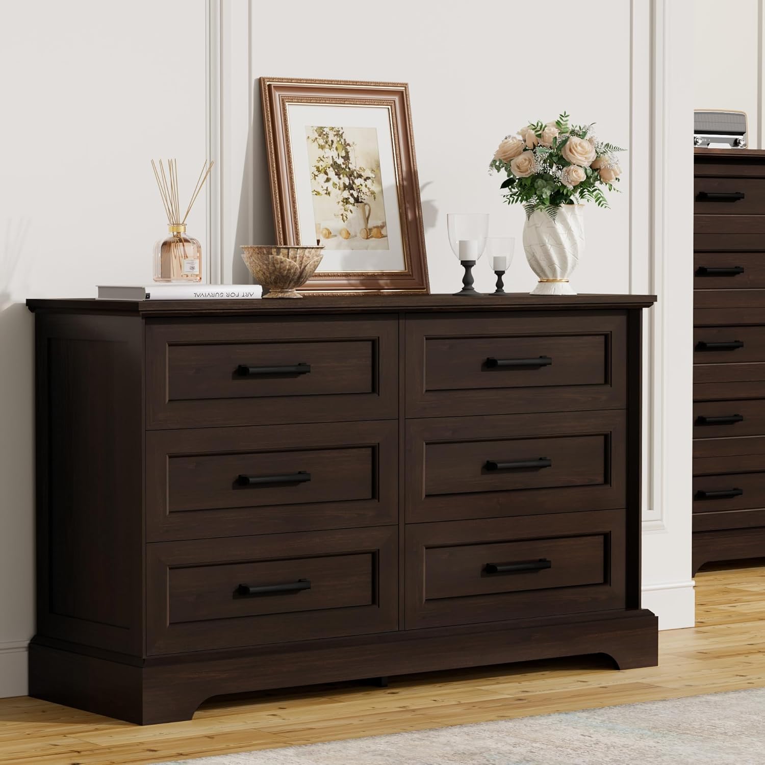 Furmax Farmhouse Dresser for Bedroom, 6 Drawers Dresser, Wood Chest of Drawers, 47.2' Wide Storage Dressers Organizer for Bedroom, Living Room, Dark Brown