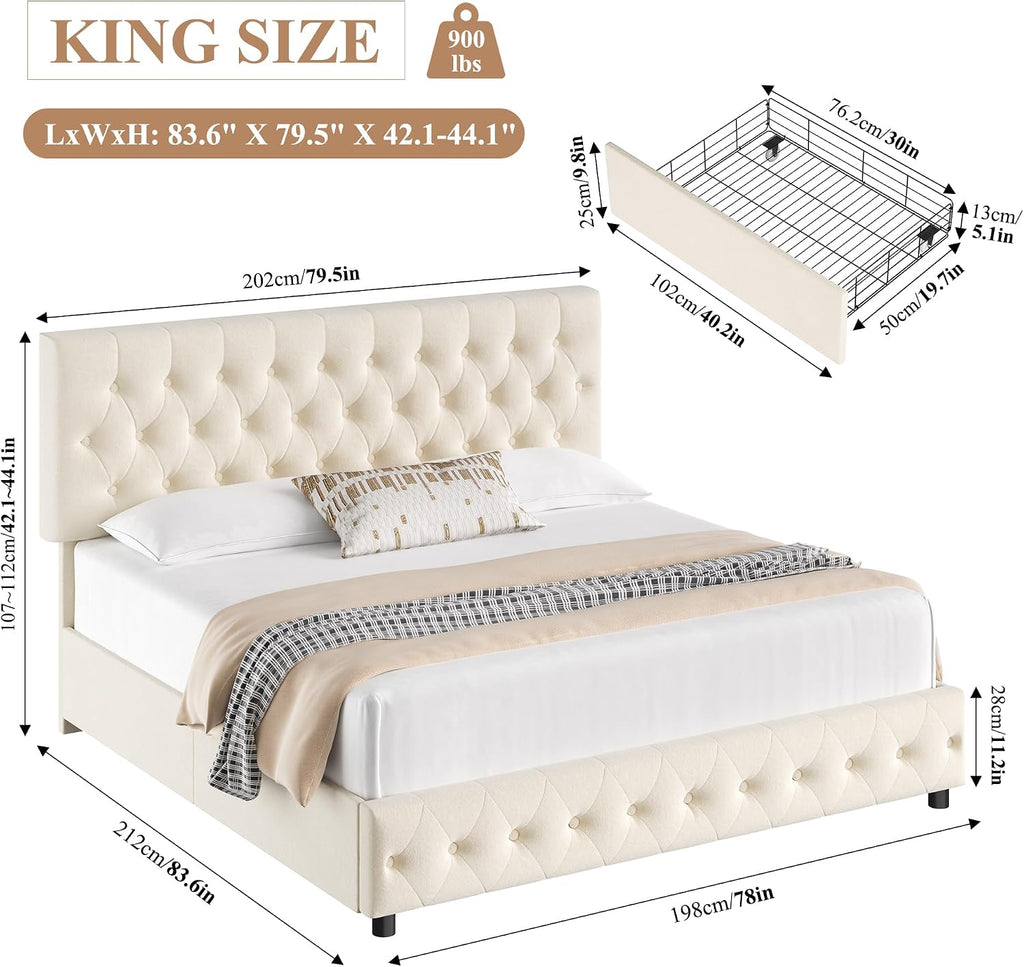 Keyluv Modern Upholstered Bed Frame with 4 Storage Drawers, Button Tufted Headboard Design, Solid Wooden Slat Support, Easy Assembly, Soft Velvet, Beige, King Size