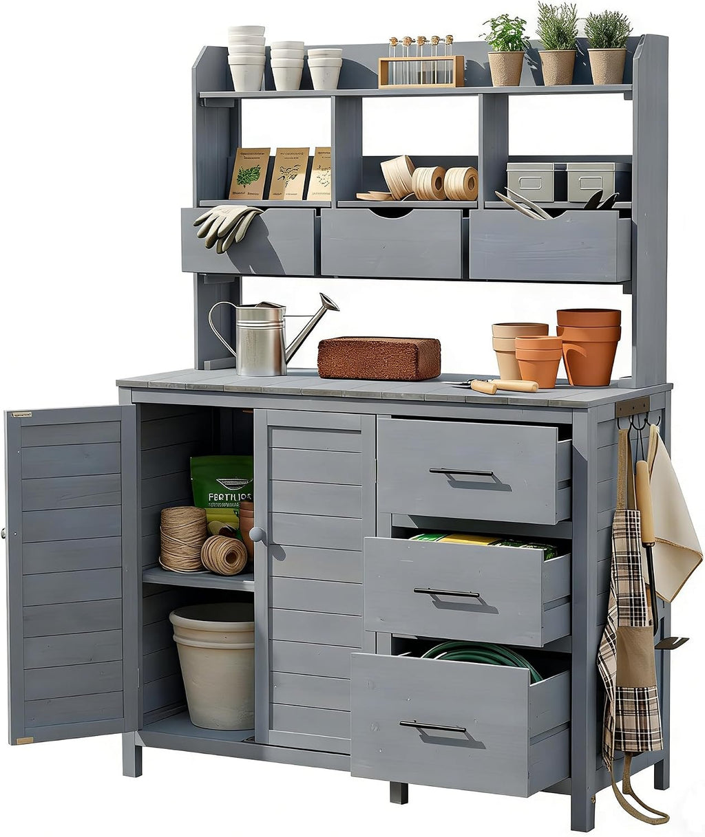Roomfitters Garden Potting Bench with Storage Hutch, Outdoor Potting Table with 6 Drawers and Cabinets, Shelves, Gray