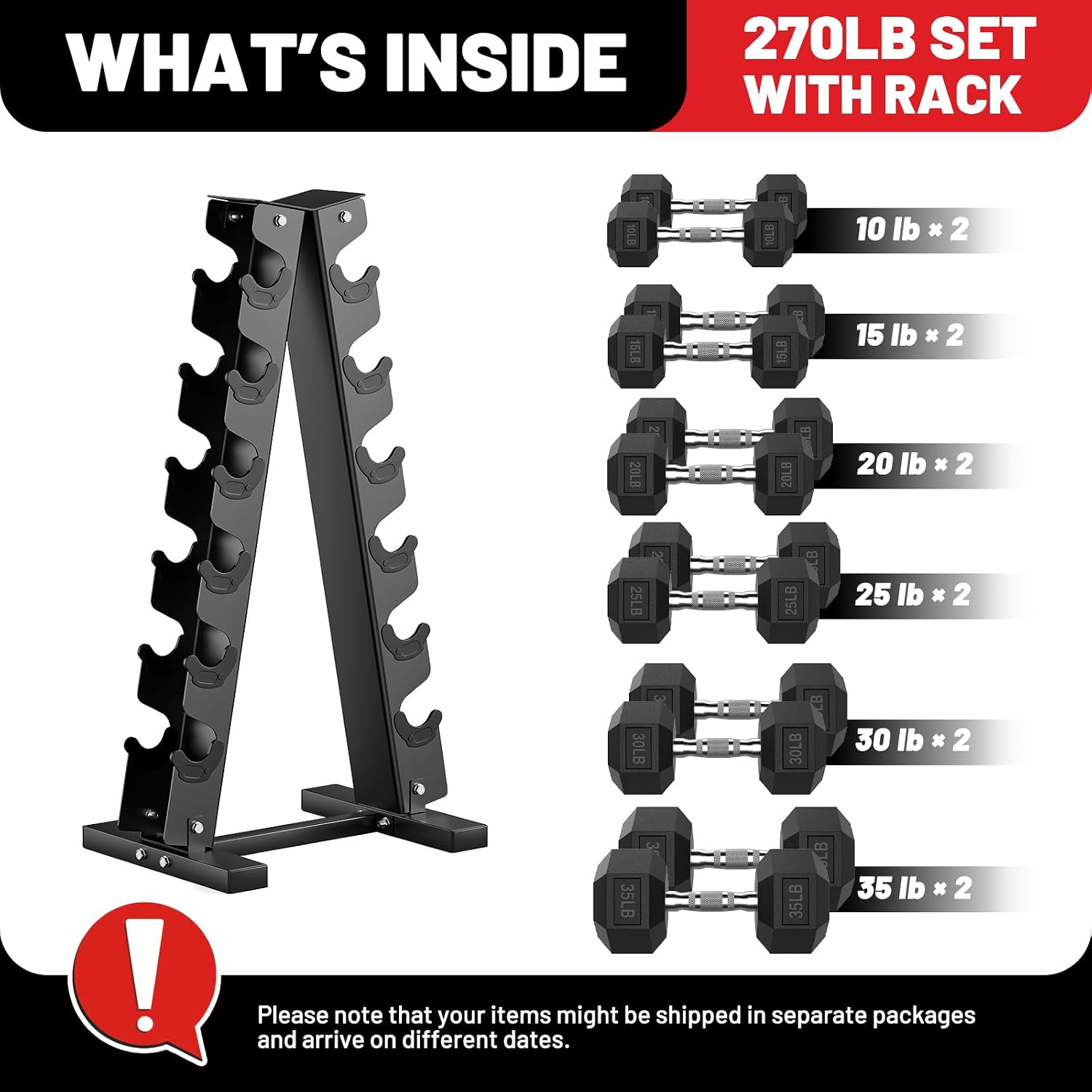 PAPABABE Hex Dumbbell Sets with Rack, 100-600lb Rubber Coated Dumbbell Weight Set and Storage Rack, Multiple Options Hand Weights for Strength Training