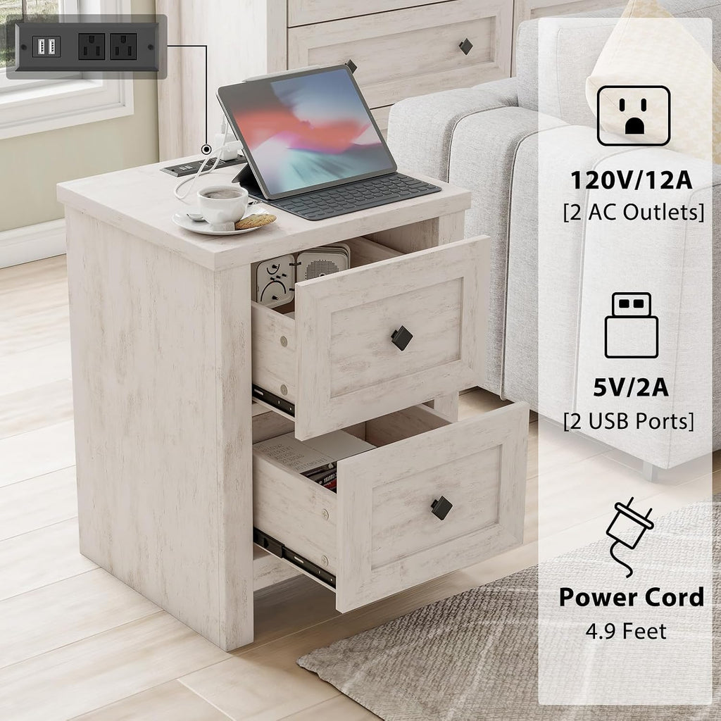 LUXOAK Bedroom Dresser and Nightstand 3 Piece Set, 1 X Wood Rustic 6 Drawer Storage Dresser, Nightstand Set of 2 with Charging Station, Farmhouse Bedroom Furniture Set, Rustic White
