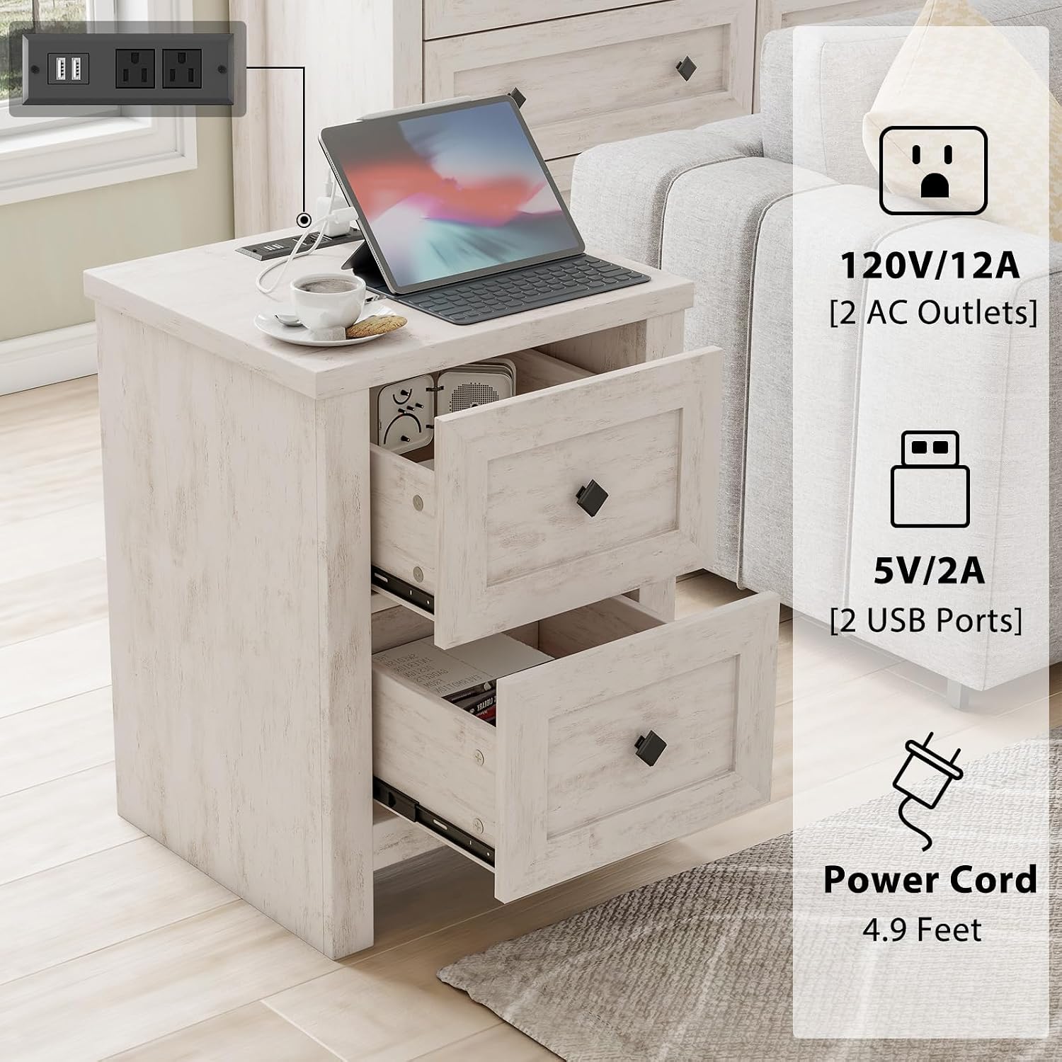 LUXOAK Bedroom Dresser and Nightstand 3 Piece Set, 1 X Wood Rustic 6 Drawer Storage Dresser, Nightstand Set of 2 with Charging Station, Farmhouse Bedroom Furniture Set, Rustic White