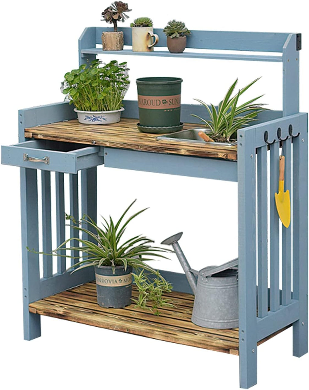 Garden Potting Bench Table, Country Outdoor Planting Bench with 3 Side Hooks and Sliding Drawer, Removable Sink, Solid Pine Wood
