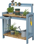 Garden Potting Bench Table, Country Outdoor Planting Bench with 3 Side Hooks and Sliding Drawer, Removable Sink, Solid Pine Wood