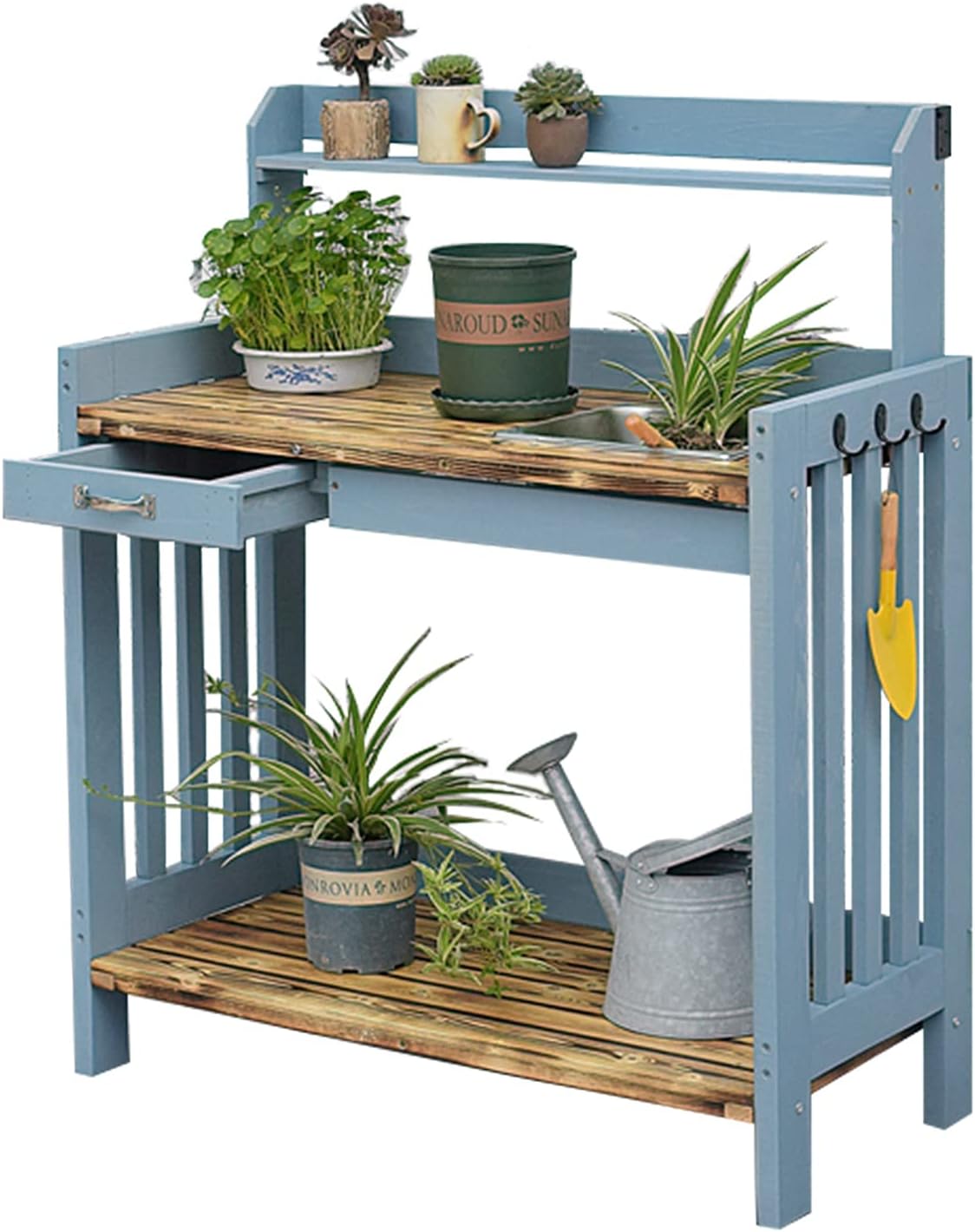 Garden Potting Bench Table, Country Outdoor Planting Bench with 3 Side Hooks and Sliding Drawer, Removable Sink, Solid Pine Wood