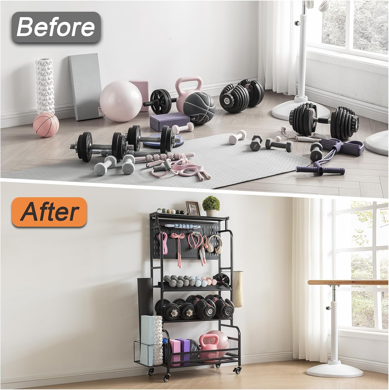 Taller Home Gym Storage Organizer, Yoga Mat Storage Rack with Hanging Board, Exercise Workout Equipment Storage Stand for Home Gym, Dumbbell Holder Kettlebell Rack with Wheels and Hooks