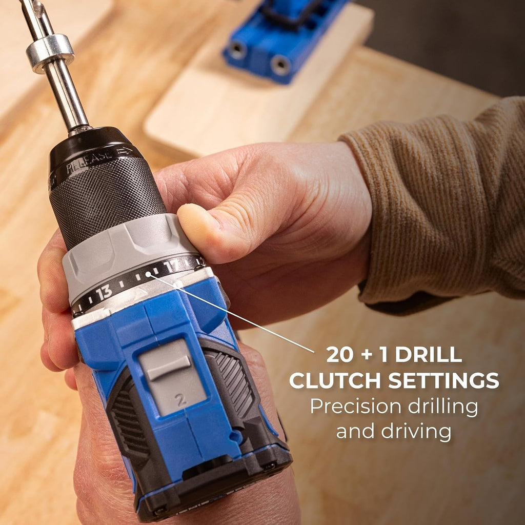 Kreg 20V Ionic Drive 1/2' Compact Drill, 20V Blue Ion Charger & 2Ah Battery Pack - Professional Cordless Drill with Compact Design - For Woodworking & Everyday DIY Applications - KPTBDR050A