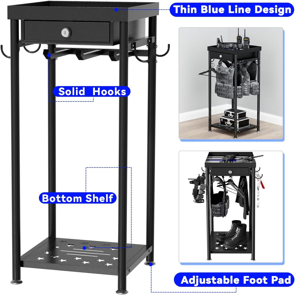 Heavy Duty Police Gear Rack with Drawer, Freestanding Tactical Duty Gear Rack Organizer with Hooks, Black Body Armor Stand for Storing Uniform, Vest Belt Helmet, Police Gift