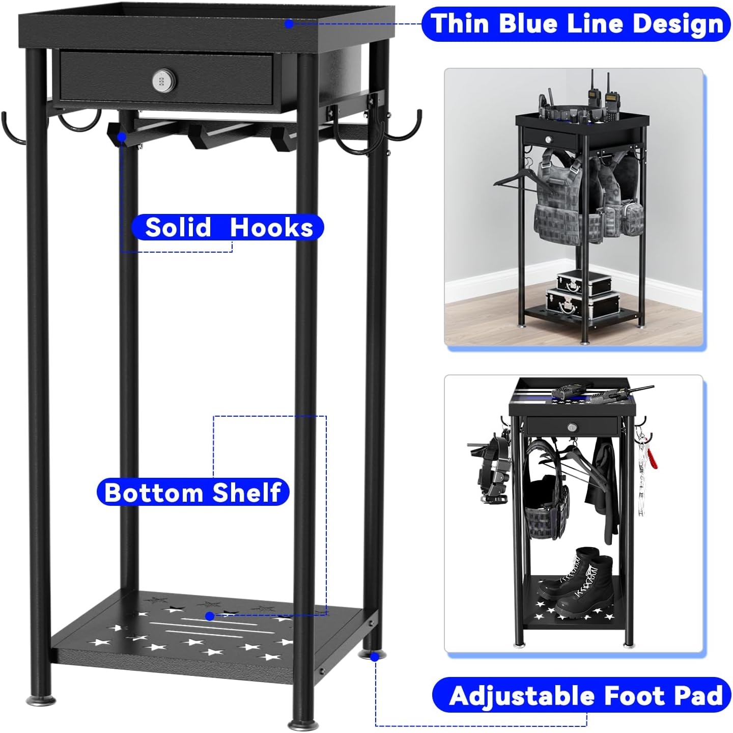 Heavy Duty Police Gear Rack with Drawer, Freestanding Tactical Duty Gear Rack Organizer with Hooks, Black Body Armor Stand for Storing Uniform, Vest Belt Helmet, Police Gift