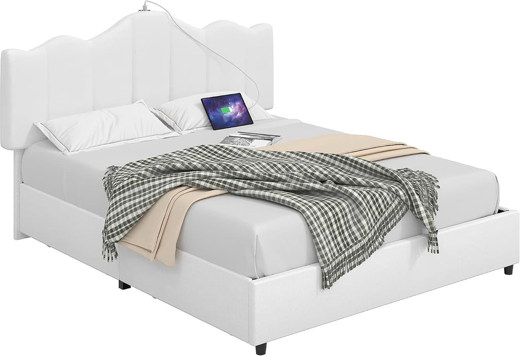 VECELO Full Size Platform Bed Frame with Type-C & USB Charging Stations/4 Storage Drawers, Upholstered Adjustable Headboard, Strong Wooden Slats Support, No Box Spring Needed, Easy Assembly