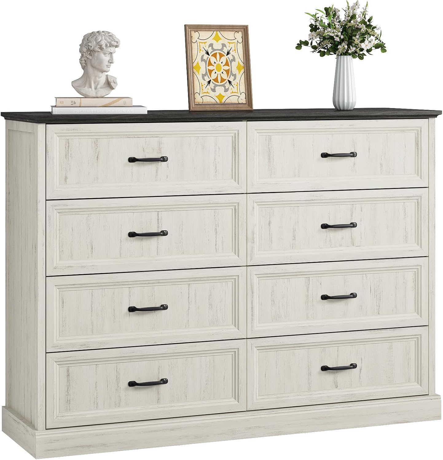 CARPETNAL Farmhouse 8 Drawer Dresser for Bedroom, 55' Wide Modern White Dresser TV Stand with Large Drawers & Bar Handles, Rustic Wood Chest of Drawers for Bedroom, Living Room, Hallway, Entryway.