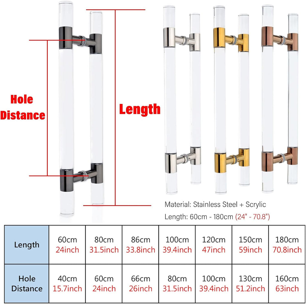 ETULLE Round Clear Door Handles Acrylic,Gold 24/34/40/60/70 Inch Long Indoor/Outdoor Push Pull French Glass Door Barn Door Handle,Entrance Gate Hardware Knob (Size :80cm/31.5 inch)