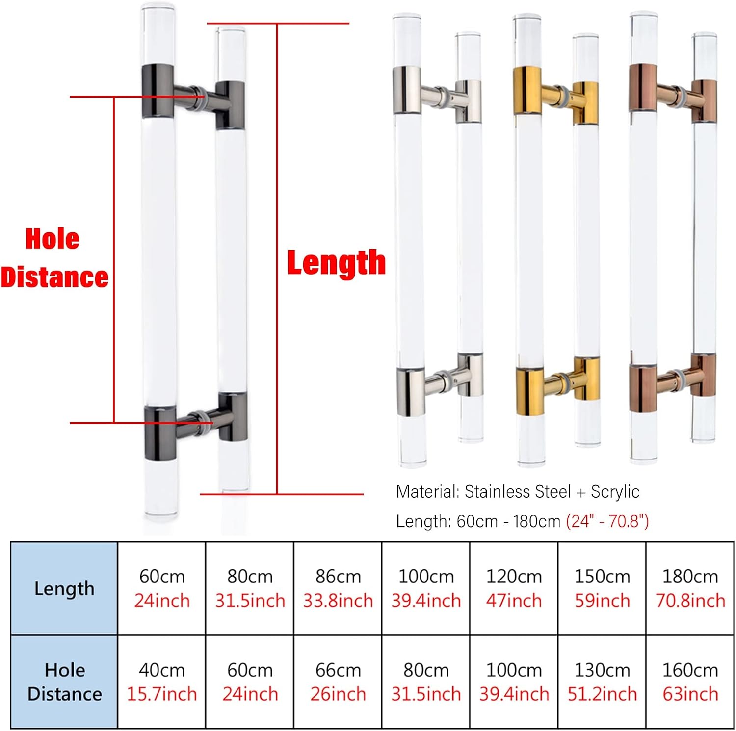 ETULLE Round Clear Door Handles Acrylic,Gold 24/34/40/60/70 Inch Long Indoor/Outdoor Push Pull French Glass Door Barn Door Handle,Entrance Gate Hardware Knob (Size :80cm/31.5 inch)