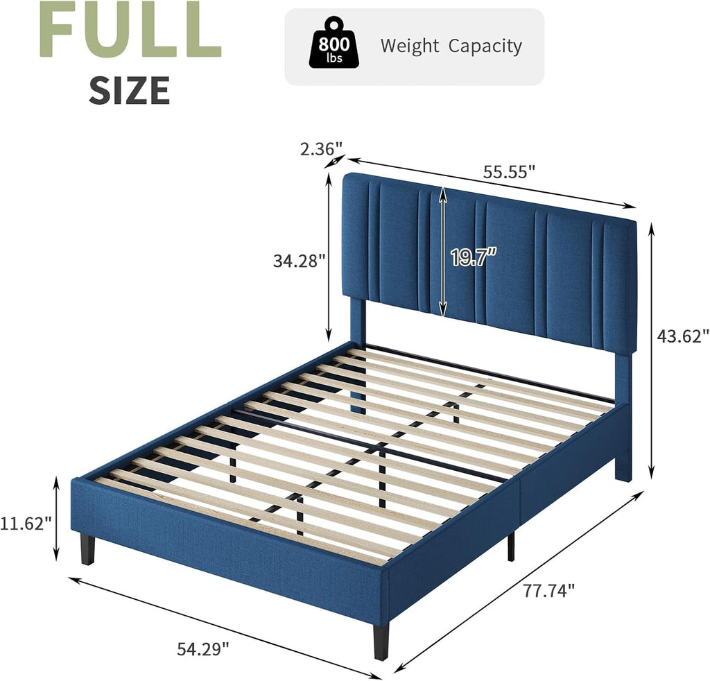 MaverickFurni Full Size Bed Frame with Headboard, Linen Fabric Upholstered Platform Bed Frame with Wooden Slats, Modern Style, No Box Spring Needed, Easy Assembly, Blue