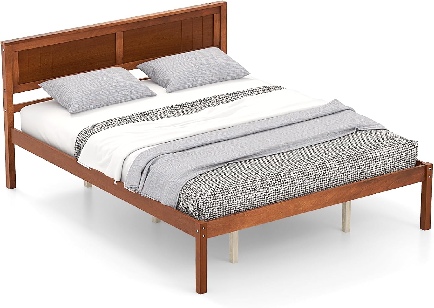 KOMFOTT Queen Size Wood Platform Bed Frame with Headboard, Solid Wood Bed Frame with Slat Support, 10-Leg Support, Under Bed Storage, 16' Mattress Foundation Bedroom Furniture, No Box Spring Needed