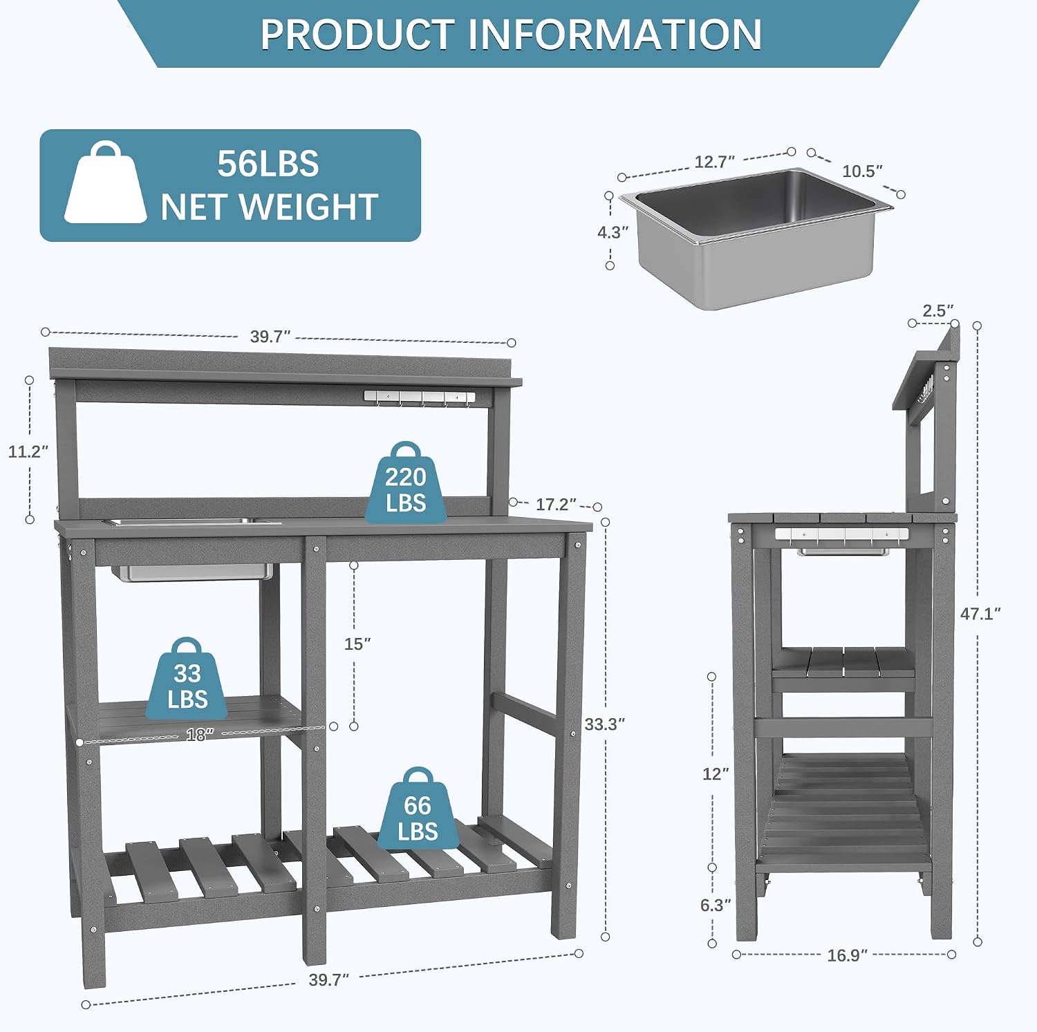 NAVINE Potting Bench, Outdoor Potting Bench with Sink, Hooks, HDPE All Weather Potting Table, Suitable for Patio, Porch, Garden, Yard, Grey