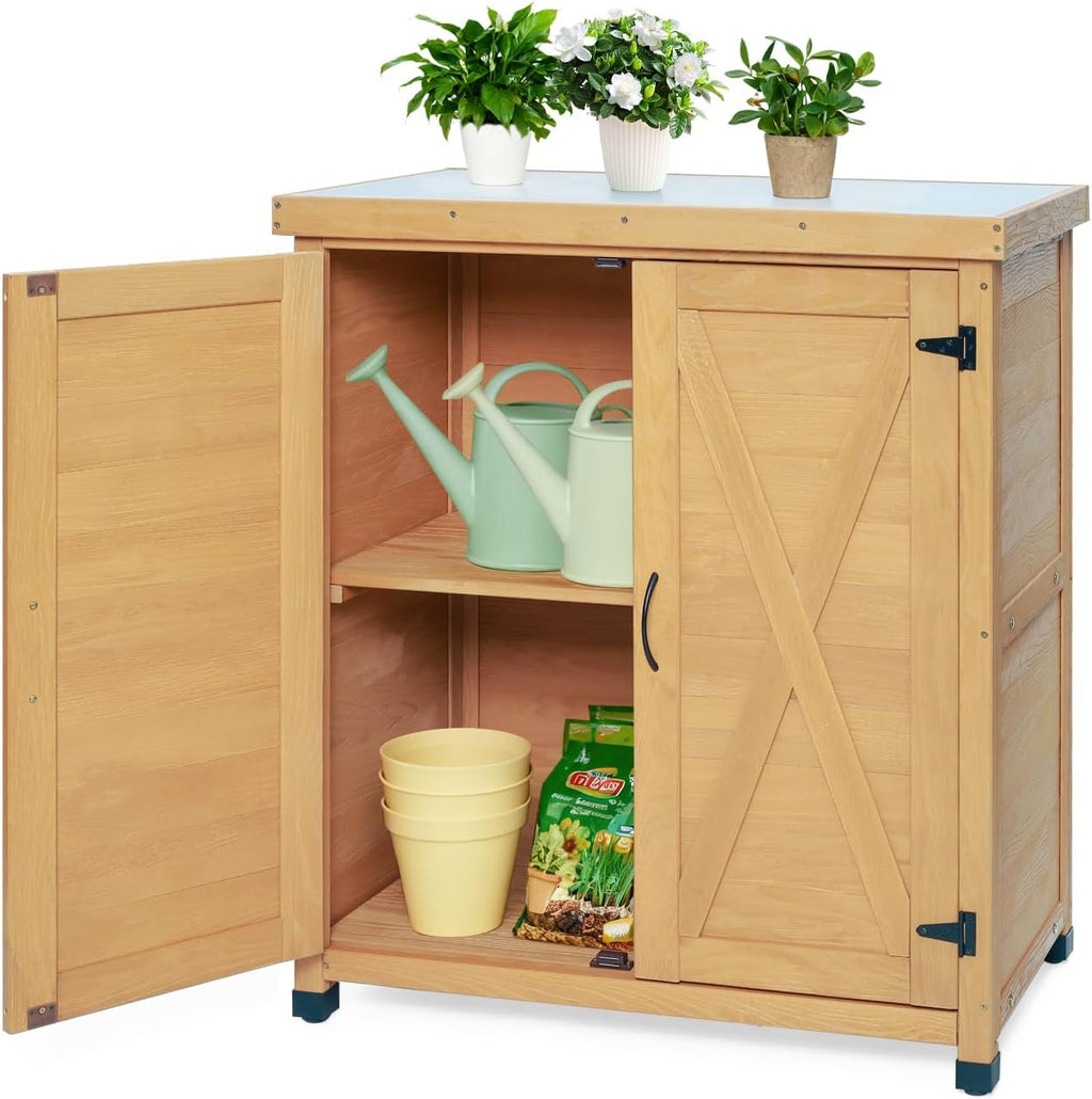 Potting Bench with Storage Cabinet and Metal Table Top for Outdoor Patio Garden Work Station Table Solid Wood X-Shape Design Light Brown