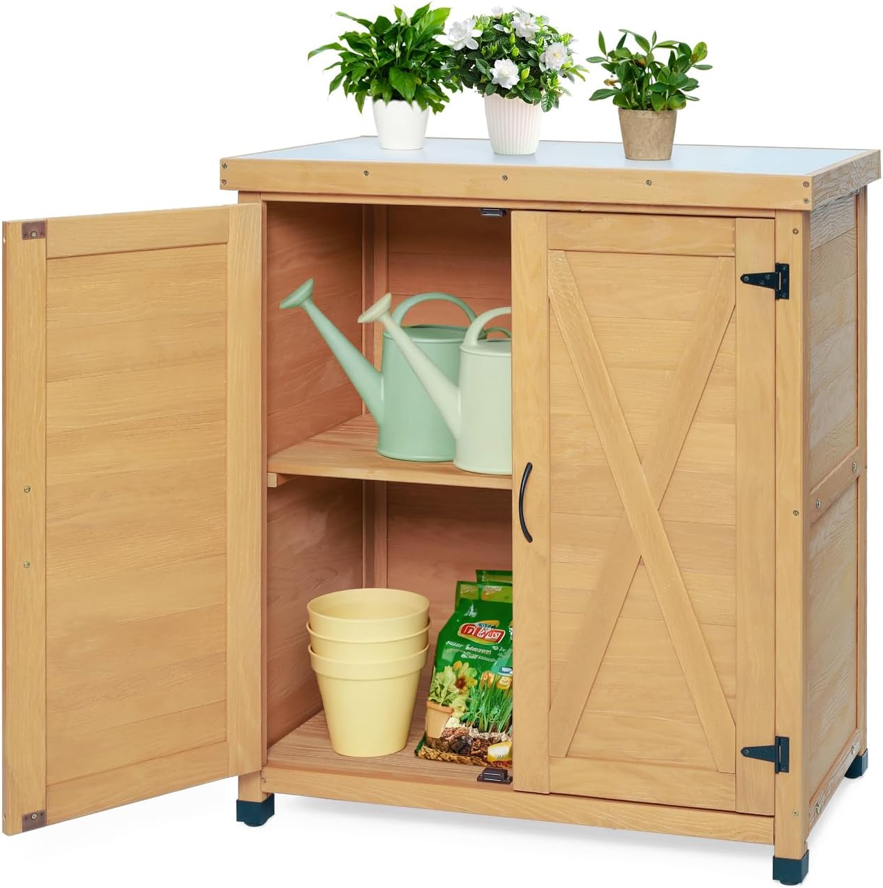 Potting Bench with Storage Cabinet and Metal Table Top for Outdoor Patio Garden Work Station Table Solid Wood X-Shape Design Light Brown