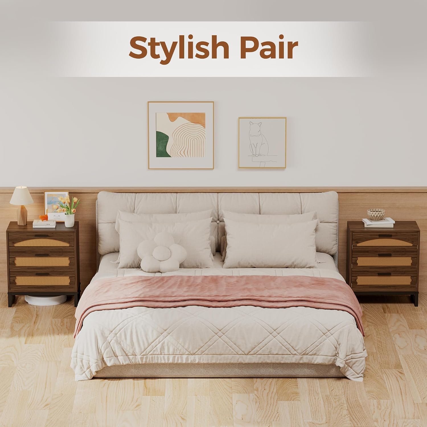 Mericonia 3 Drawer Rattan Dresser for Bedroom, Wood Dresser for Closet with Metal Handles, Small Boho Nightstand Sets, Dressers & Chests of Drawers for Bedroom, Hallway and Entryway, Walnut