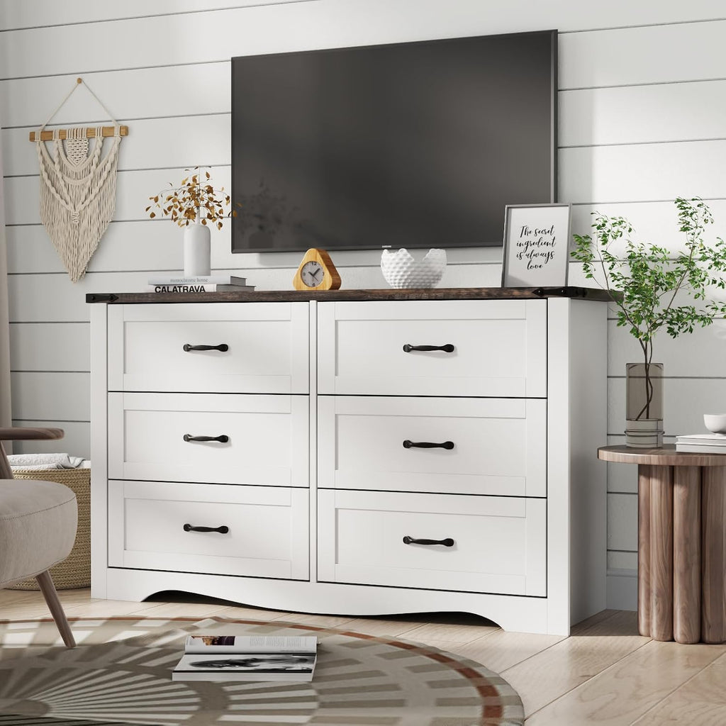 Loomie Farmhouse 6 Drawers Double Dresser for Bedroom, Modern White Dresser Chest of Drawers, Wide Dressers Organizer, Accent Storage Cabinet for Closet, Living Room, Hallway, Antique White