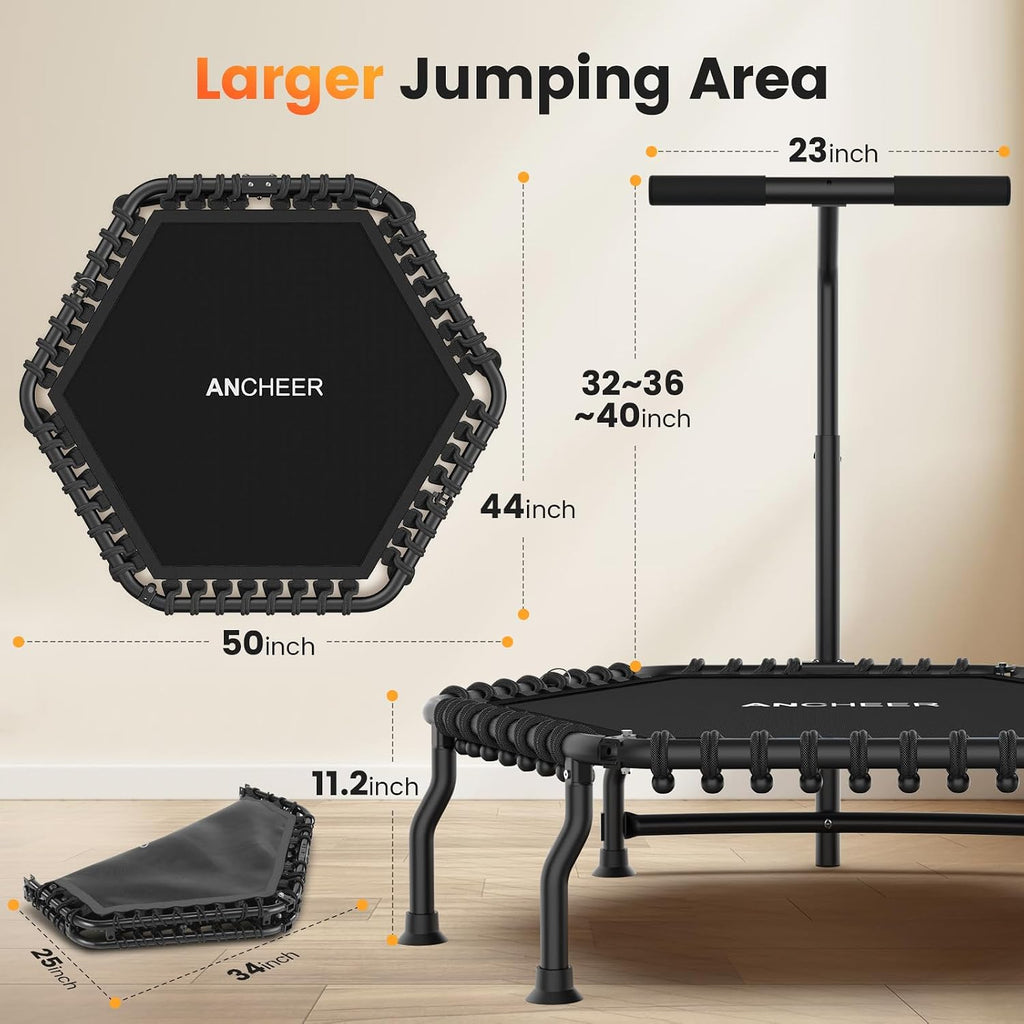 ANCHEER 50' Rebounder Trampoline for Adults- 2026 Foldable Mini Trampoline with Bar- Exercise Trampoline for Adults, Max Load 560lbs, for Indoor/Garden Workout
