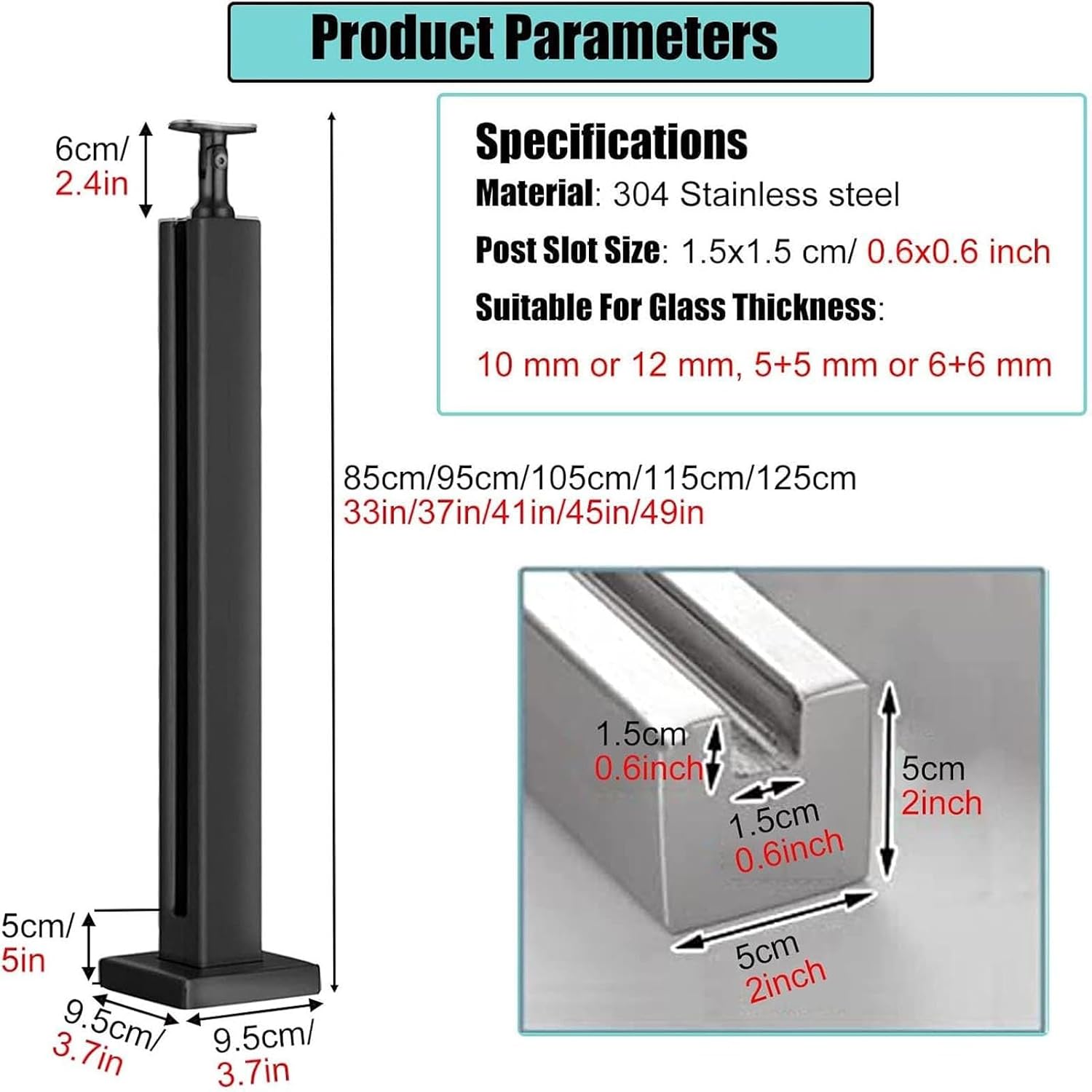 Black Glass Railing Post, 304 Stainless Steel Black Finish, For Stairs And Deck Handrails，Can Be Installed on Wood or Concrete Floor, For 3/8' Or 1/2' Thick Glass(Corner Post,Height-85cm/33.5in)