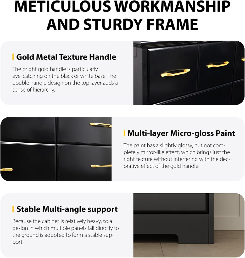 NEDYO 8 Drawer Dressers for Bedroom, 40 Inch Large Wide Dresser, Mid Century Modern Drawer Chest with Gold Hardware, Wooden Chest of Drawers. Black