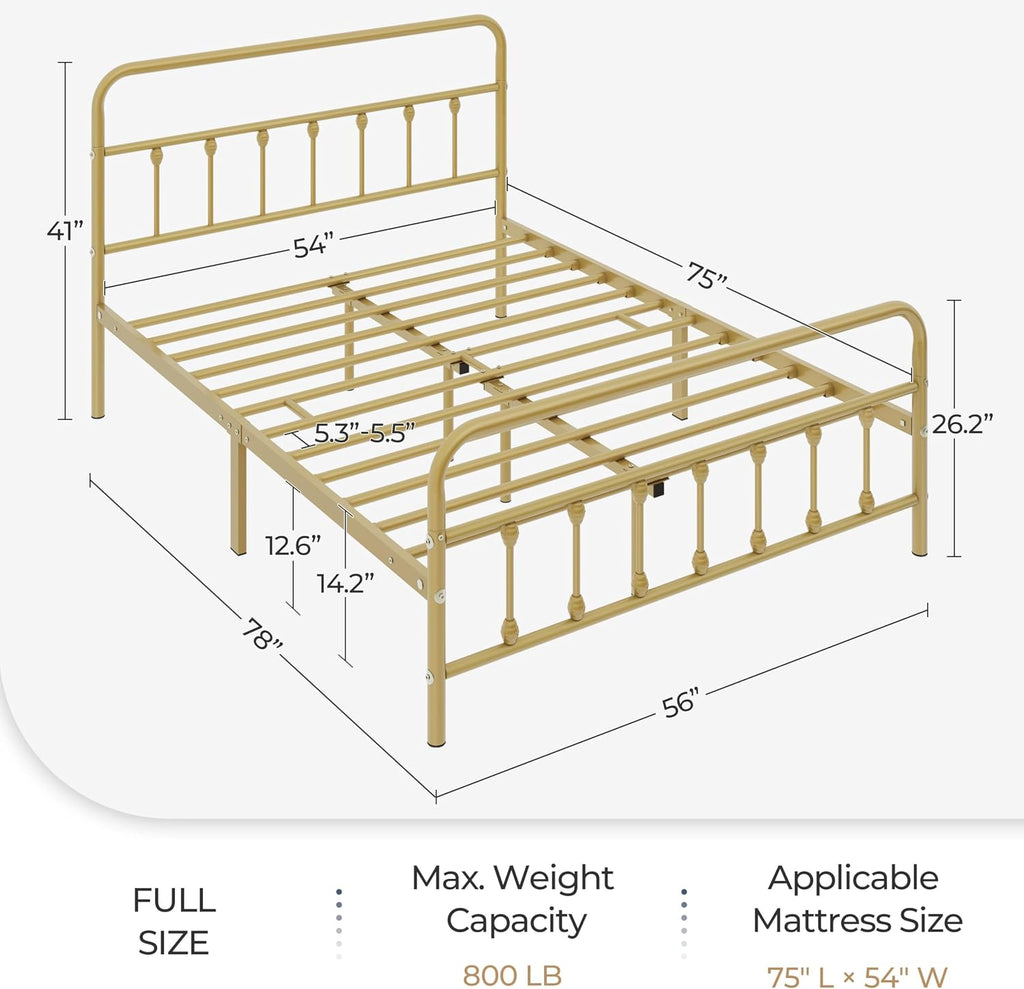 Topeakmart Full Size Victorian Style Metal Bed Frame with Headboard/Mattress Foundation/No Box Spring Needed/Under Bed Storage/Strong Slat Support Antique Gold
