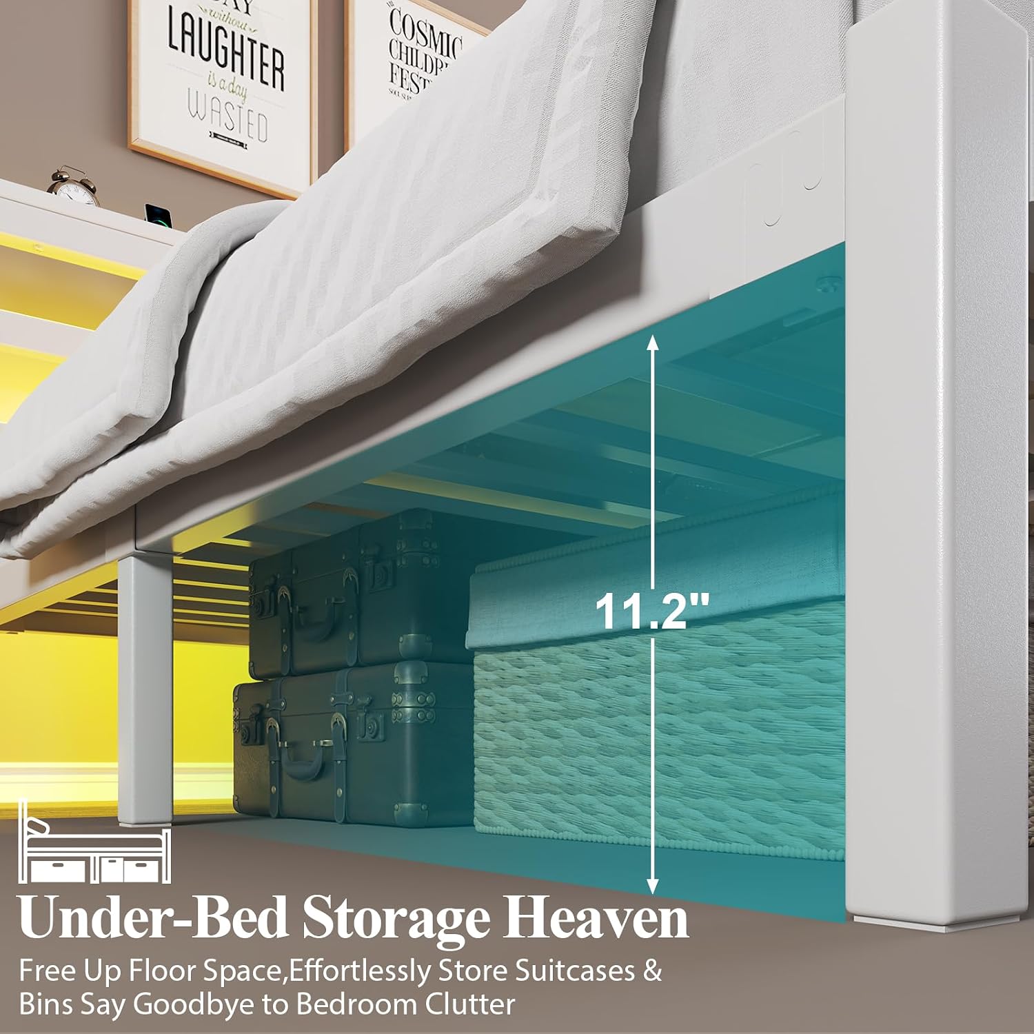 E-Motie Full Size Bed Frame with Storage Headboard, Industrial Platform Bed with Charging Station and LED Lights, Underbed Storage Space,Easy Assembly,No Box Spring Needed,Modern, White