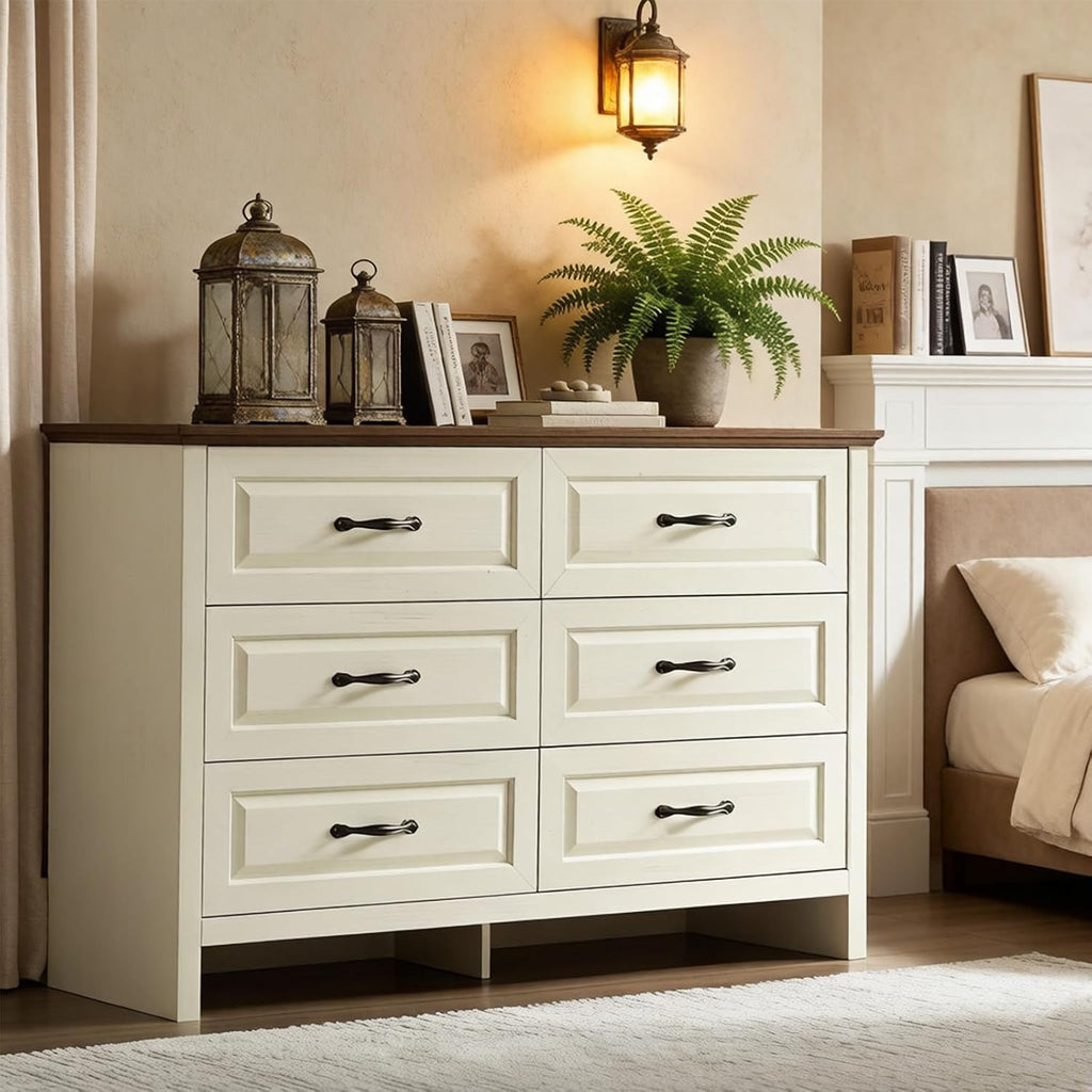 Pipishell White 6 Drawer Dresser for Bedroom, 47' Wide Wood Chest of Drawers with Bar Handles, Modern Storage Dresser Organizer for Bedroom, Living Room, Hallway, Brown & White